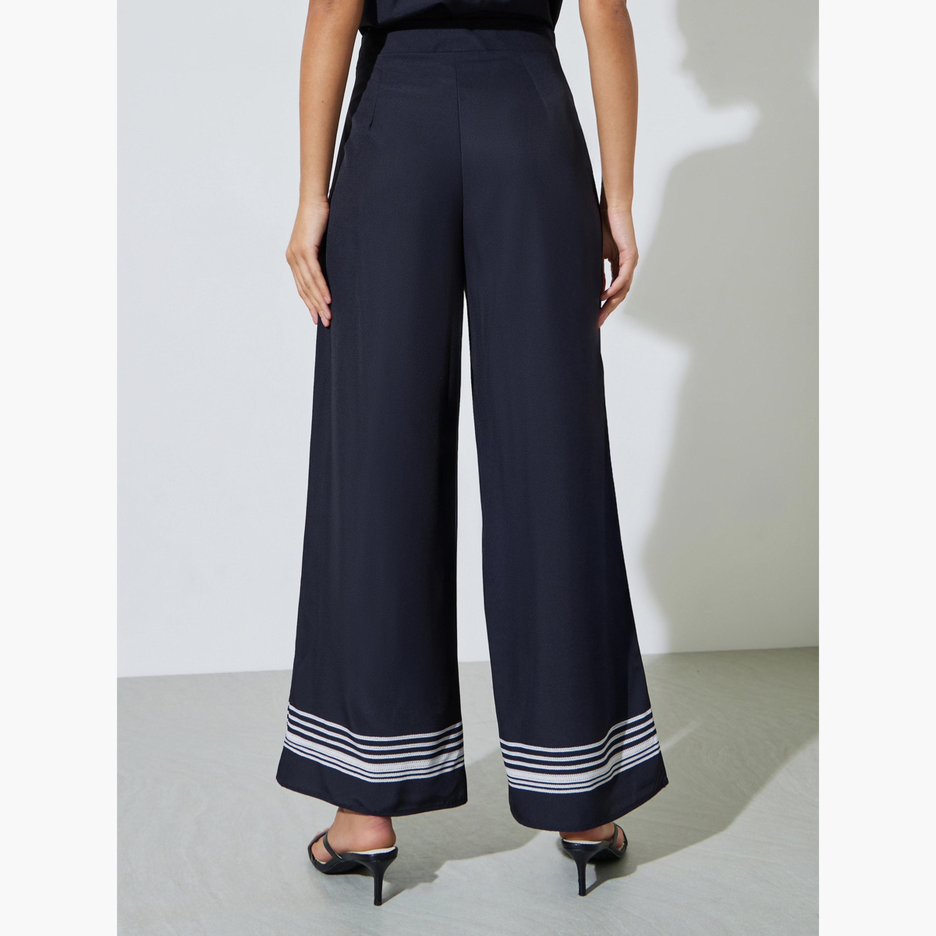 بنطال بأرجل واسعة وحافة مخطط لون أسود-women-clothing-bottoms-joggers-image-4