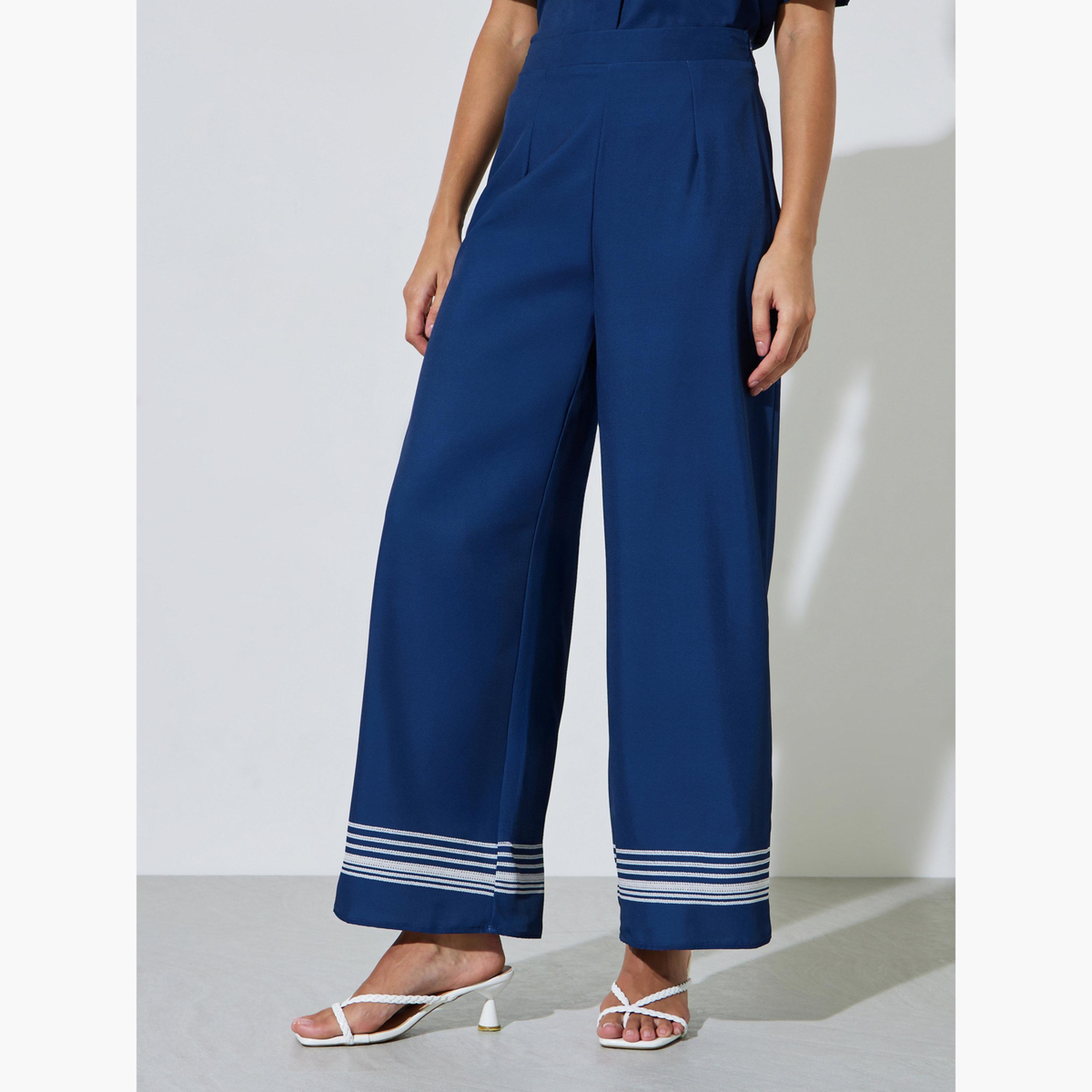 بنطال بأرجل واسعة وحافة مخطط لون كحلي-women-clothing-bottoms-joggers-image-1