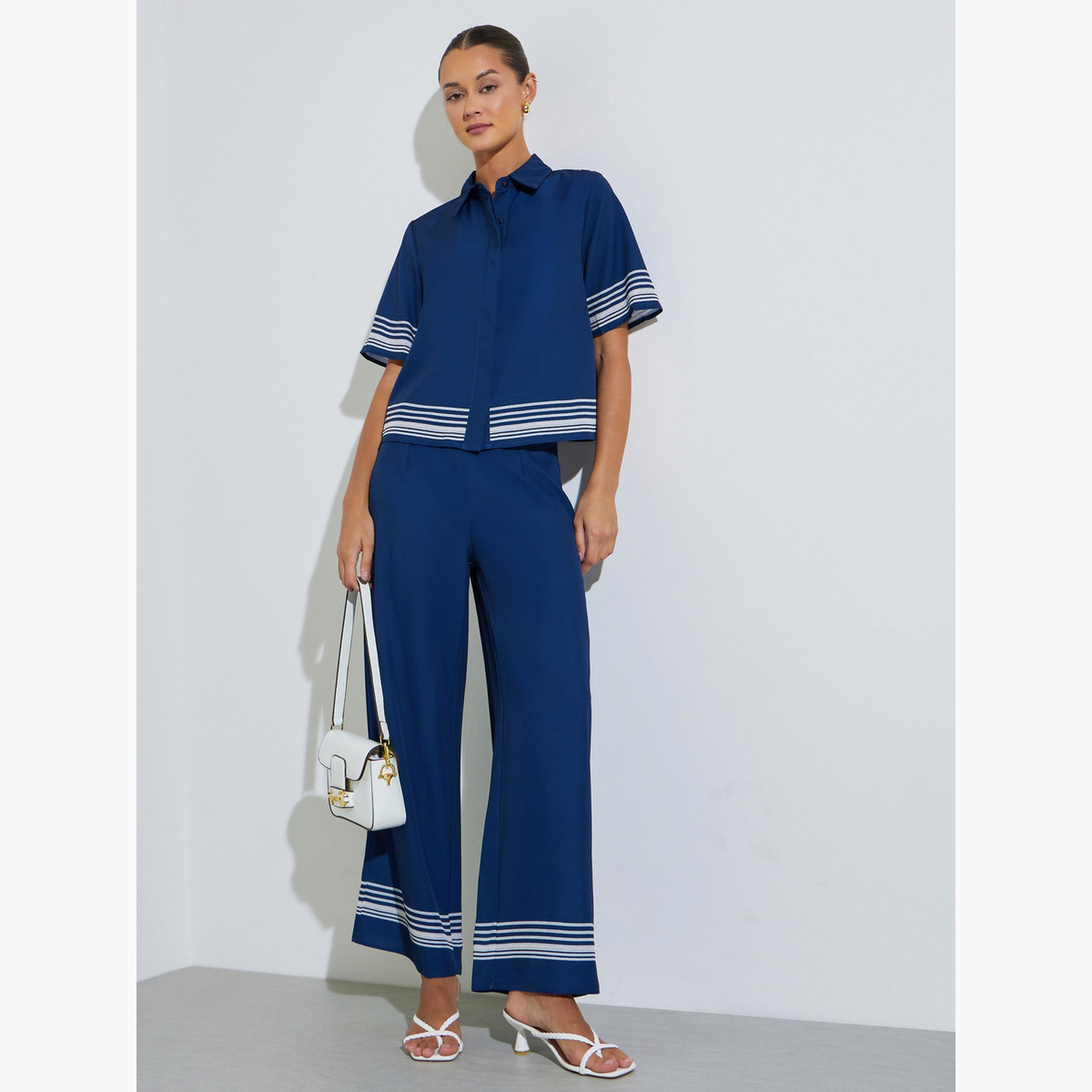 بنطال بأرجل واسعة وحافة مخطط لون كحلي-women-clothing-bottoms-joggers-image-2