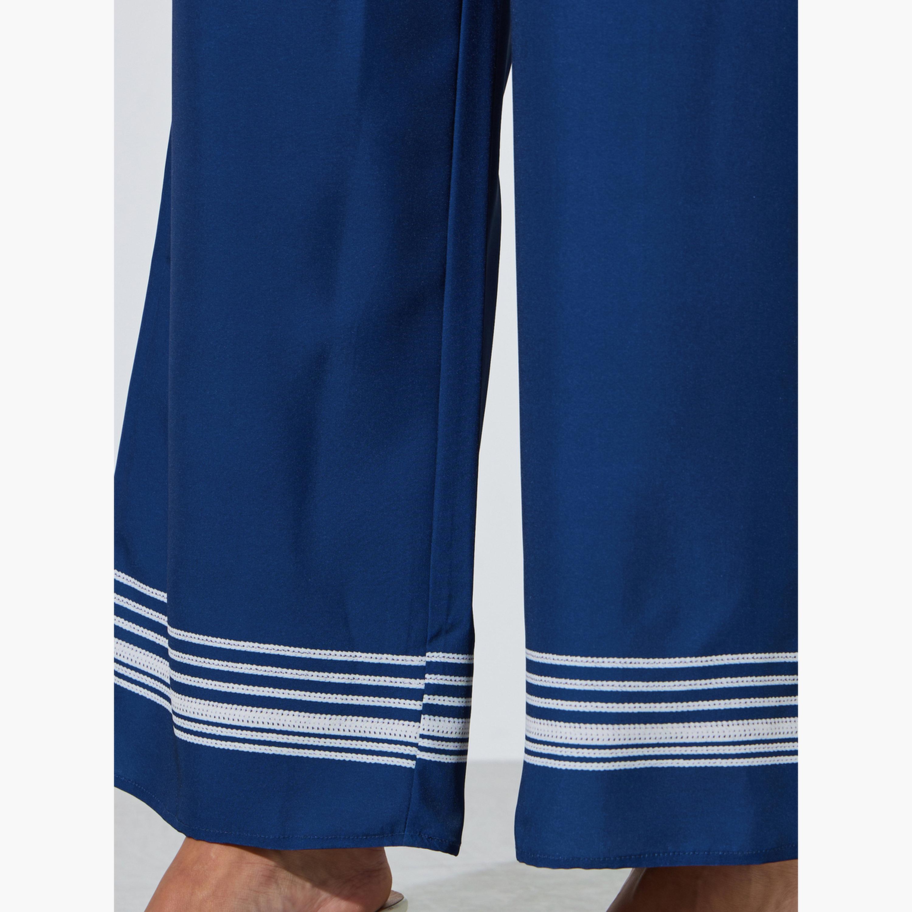 بنطال بأرجل واسعة وحافة مخطط لون كحلي-women-clothing-bottoms-joggers-image-3