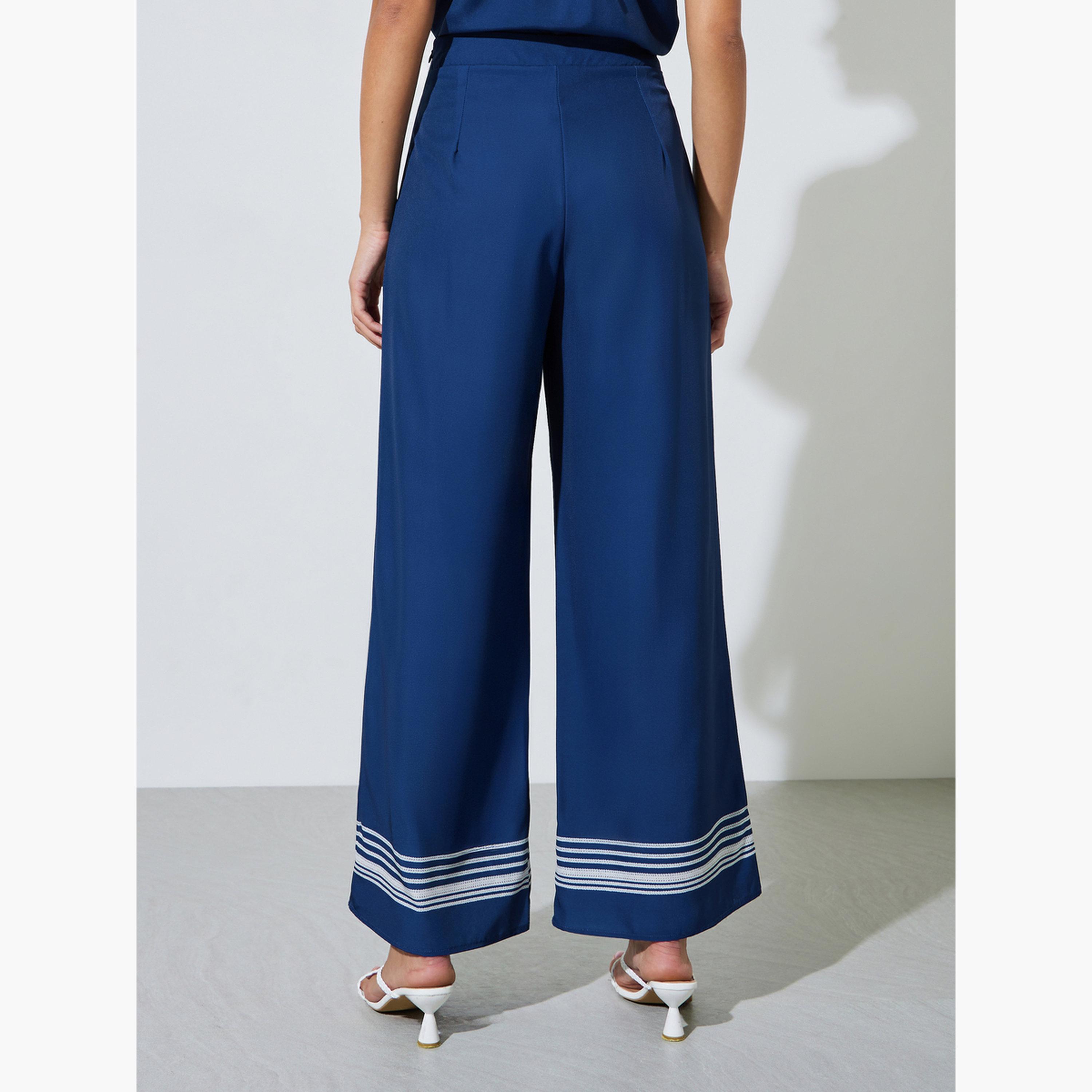 بنطال بأرجل واسعة وحافة مخطط لون كحلي-women-clothing-bottoms-joggers-image-4