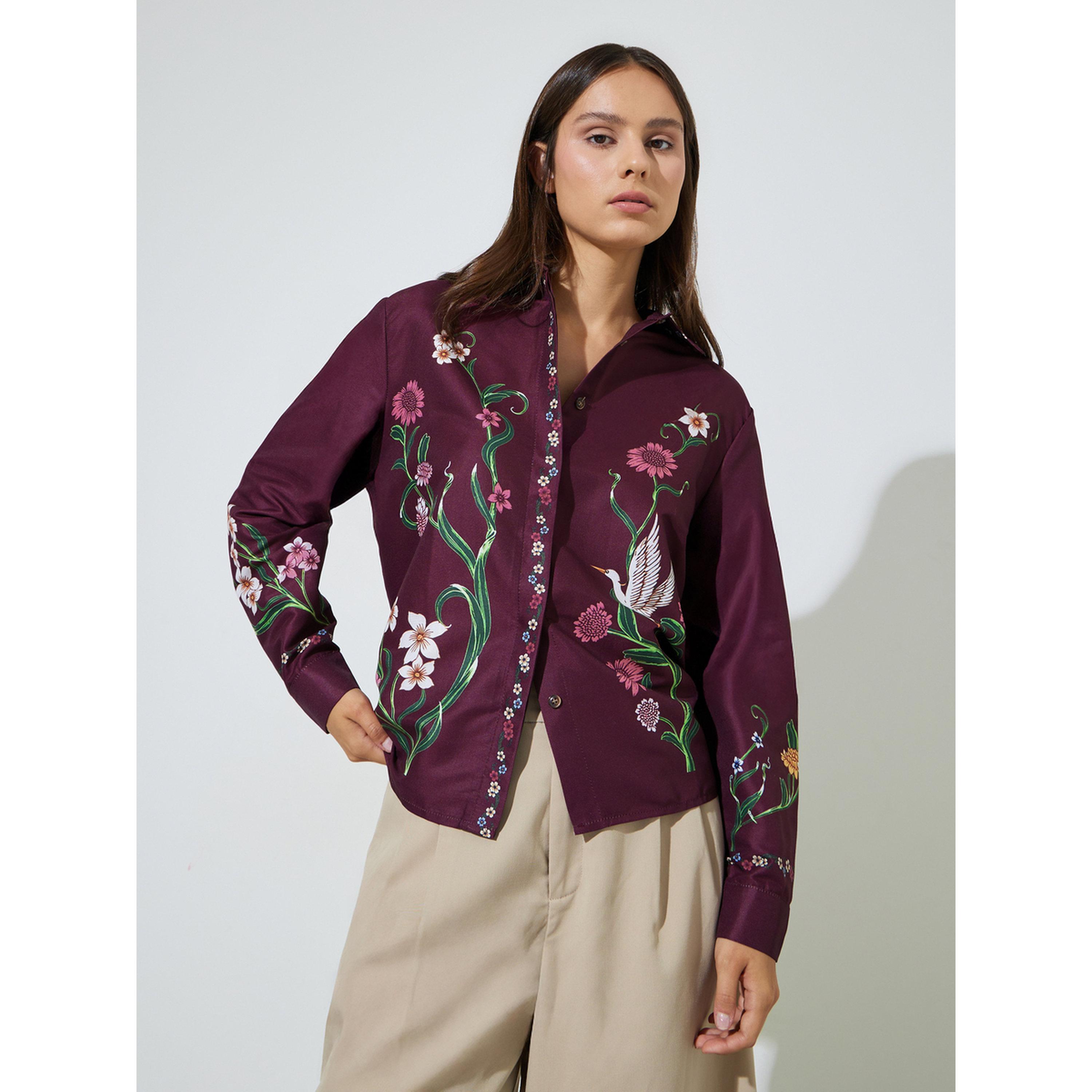 ستايلي - قميص بأكمام طويلة طبعة زهور باللون العنابي-women-clothing-shirtsandblouses-shirts-image-1