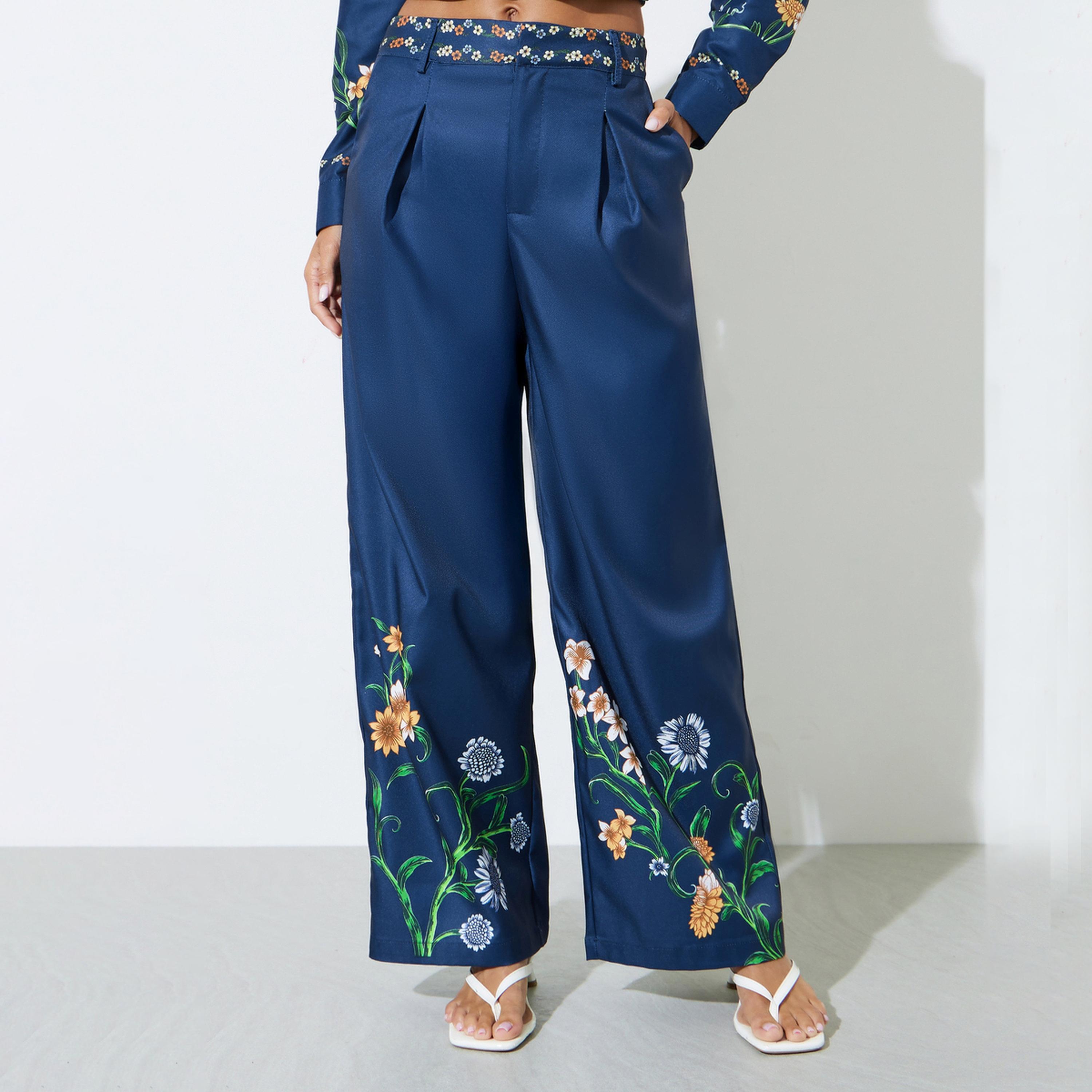 Styli Navy Blue Floral Print Wide Leg Trousers-women-clothing-trousers-image-1