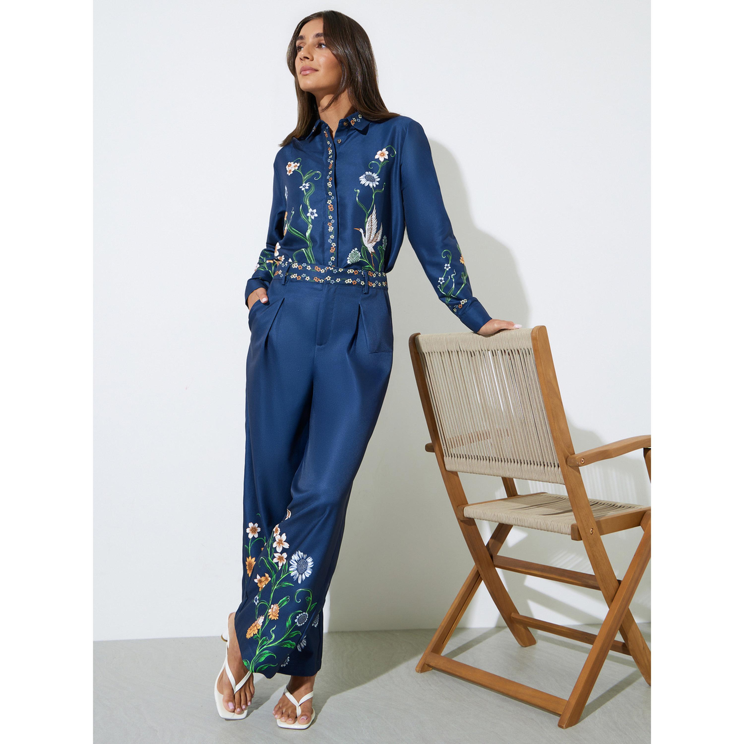 Styli Navy Blue Floral Print Wide Leg Trousers-women-clothing-trousers-image-2