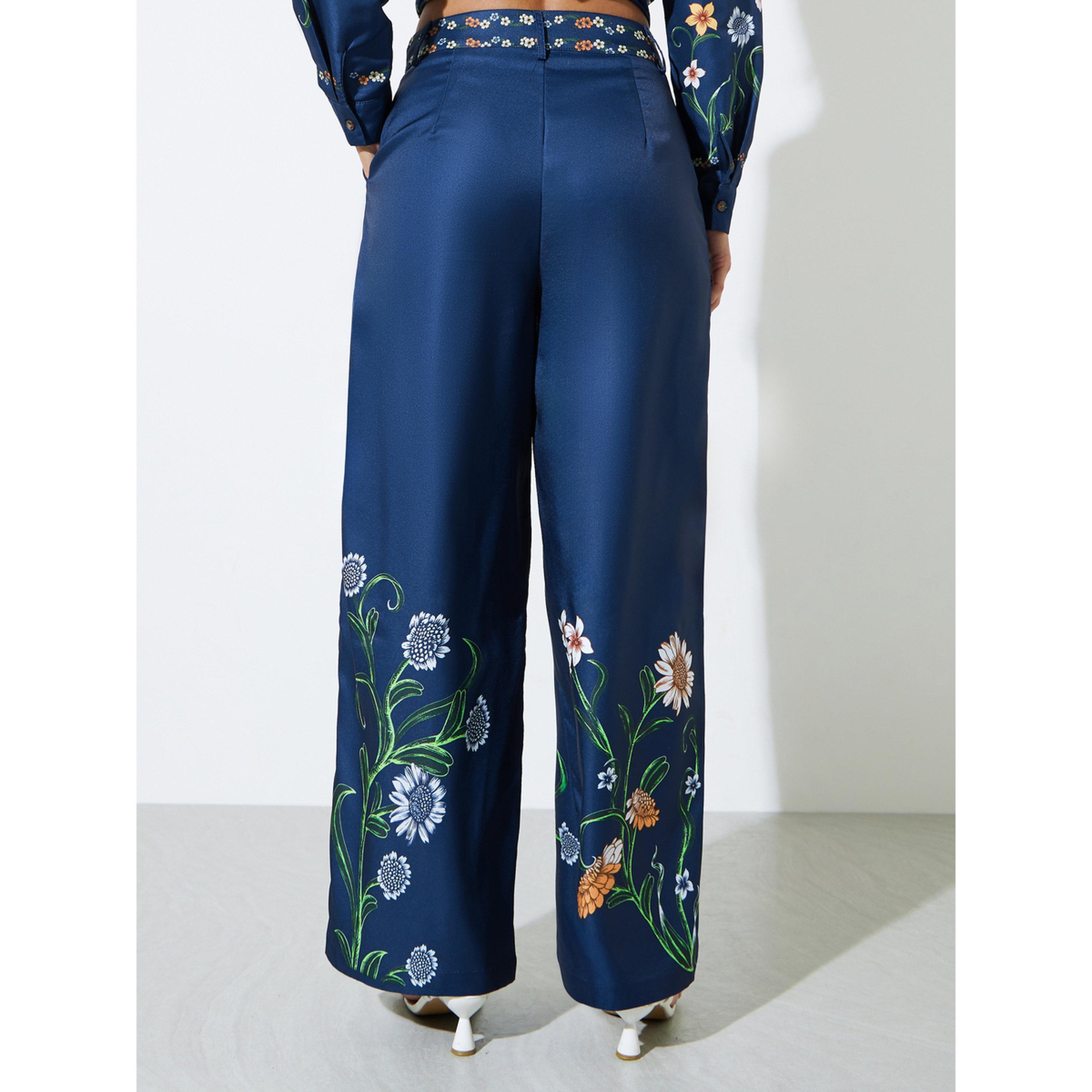 Styli Navy Blue Floral Print Wide Leg Trousers-women-clothing-trousers-image-4