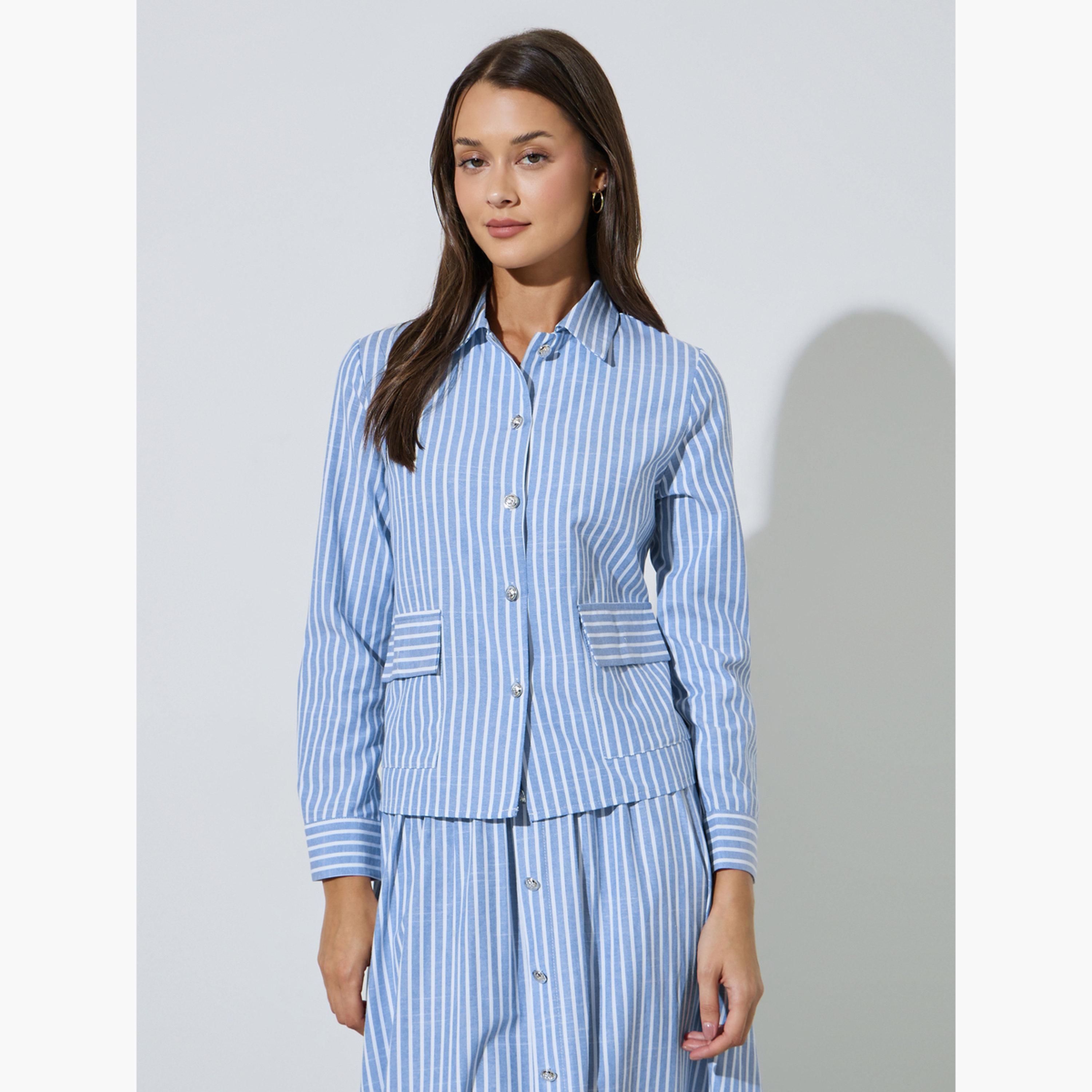 قميص قصير بأكمام طويلة بنمط مخطط لون أزرق-women-clothing-shirtsandblouses-shirts-image-1
