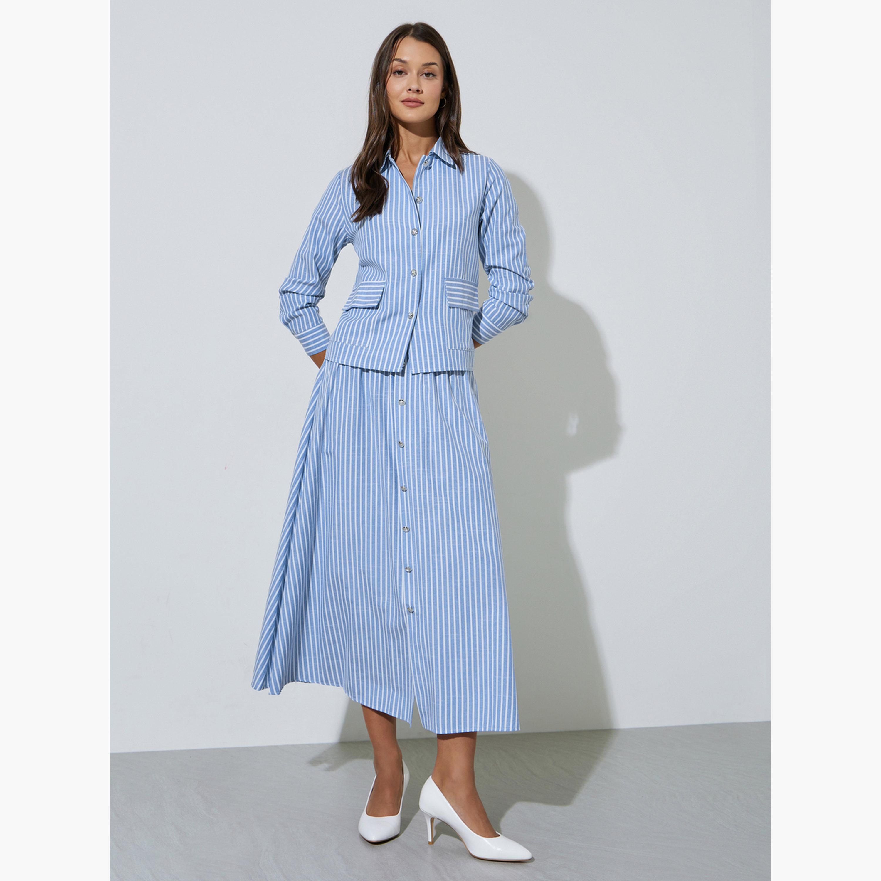 قميص قصير بأكمام طويلة بنمط مخطط لون أزرق-women-clothing-shirtsandblouses-shirts-image-2