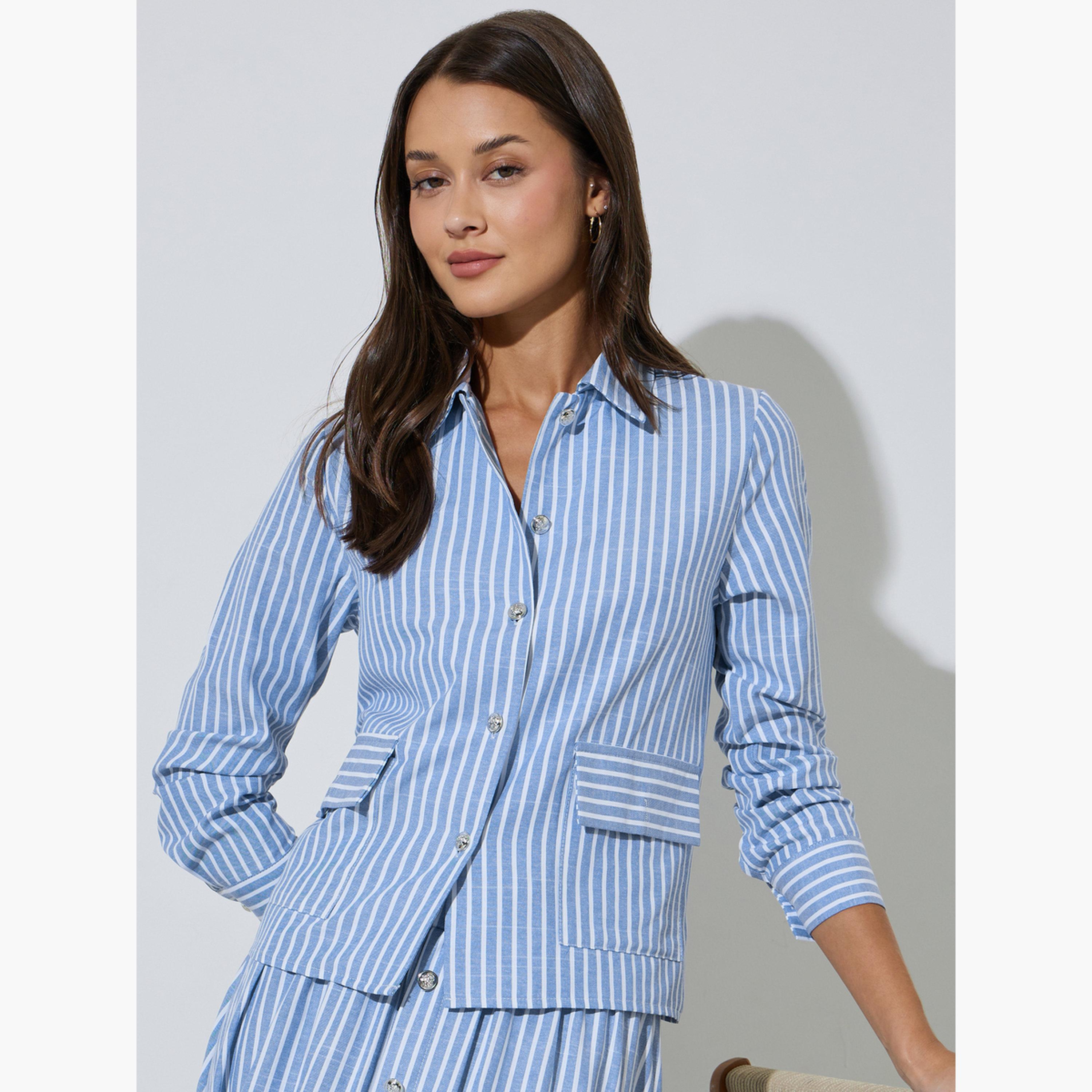 قميص قصير بأكمام طويلة بنمط مخطط لون أزرق-women-clothing-shirtsandblouses-shirts-image-3