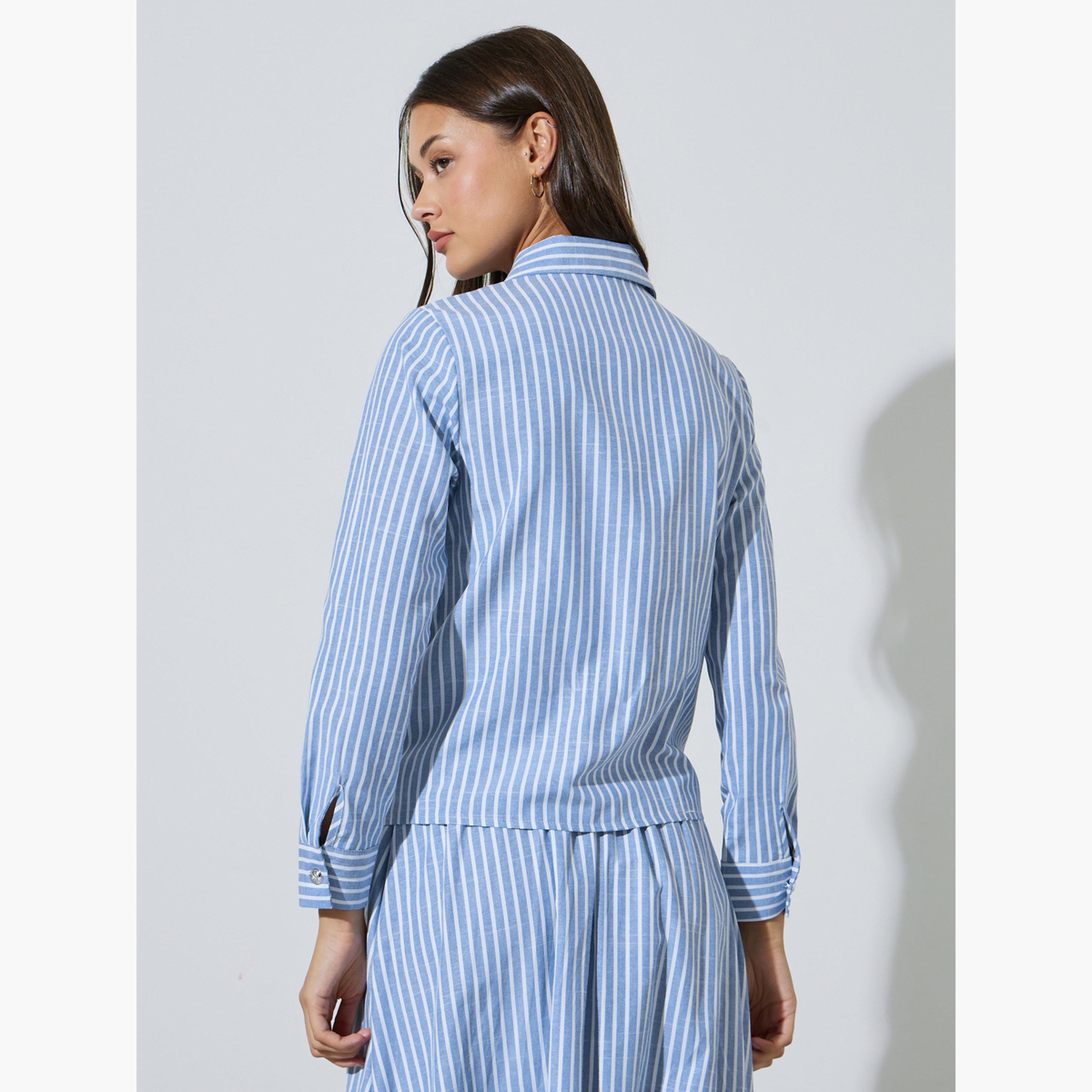 قميص قصير بأكمام طويلة بنمط مخطط لون أزرق-women-clothing-shirtsandblouses-shirts-image-4