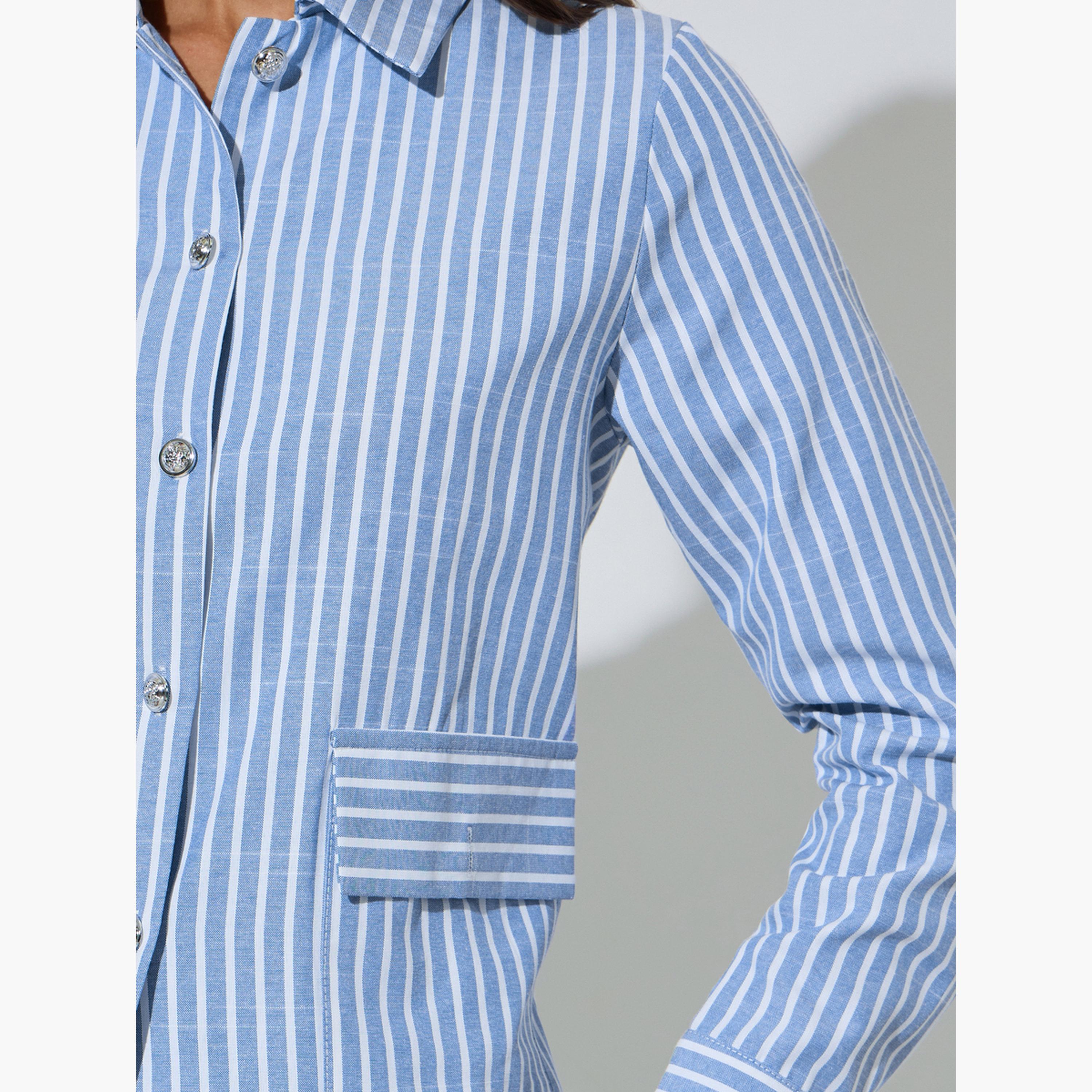 قميص قصير بأكمام طويلة بنمط مخطط لون أزرق-women-clothing-shirtsandblouses-shirts-image-5