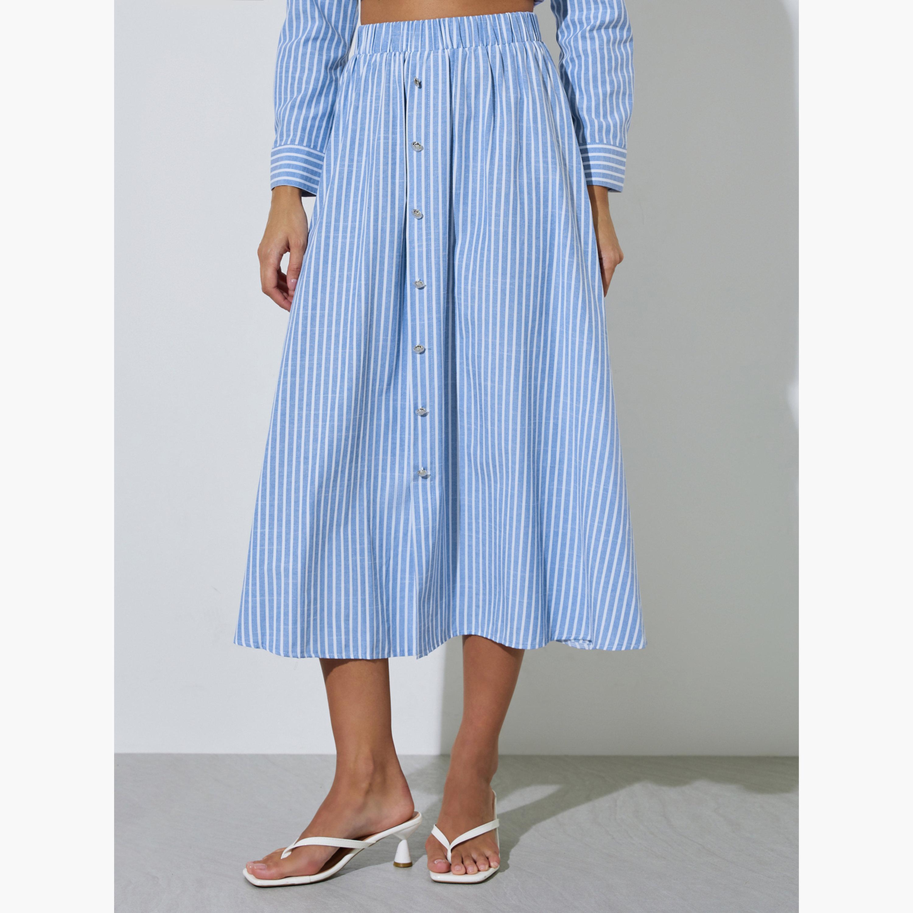 Styli Blue Striped Button Details A-Line Midi Skirt-women-clothing-bottoms-skirts-image-1