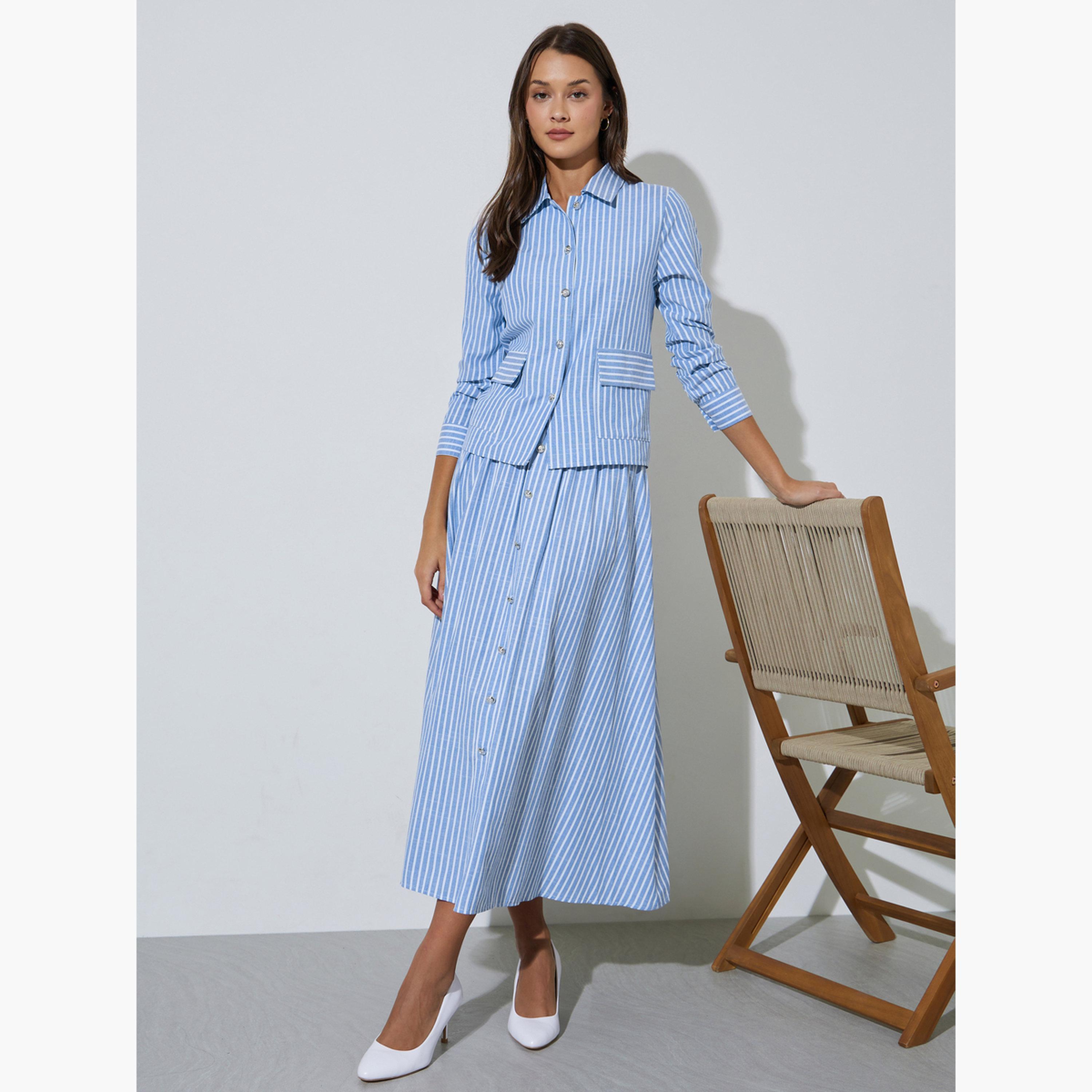 Styli Blue Striped Button Details A-Line Midi Skirt-women-clothing-bottoms-skirts-image-2