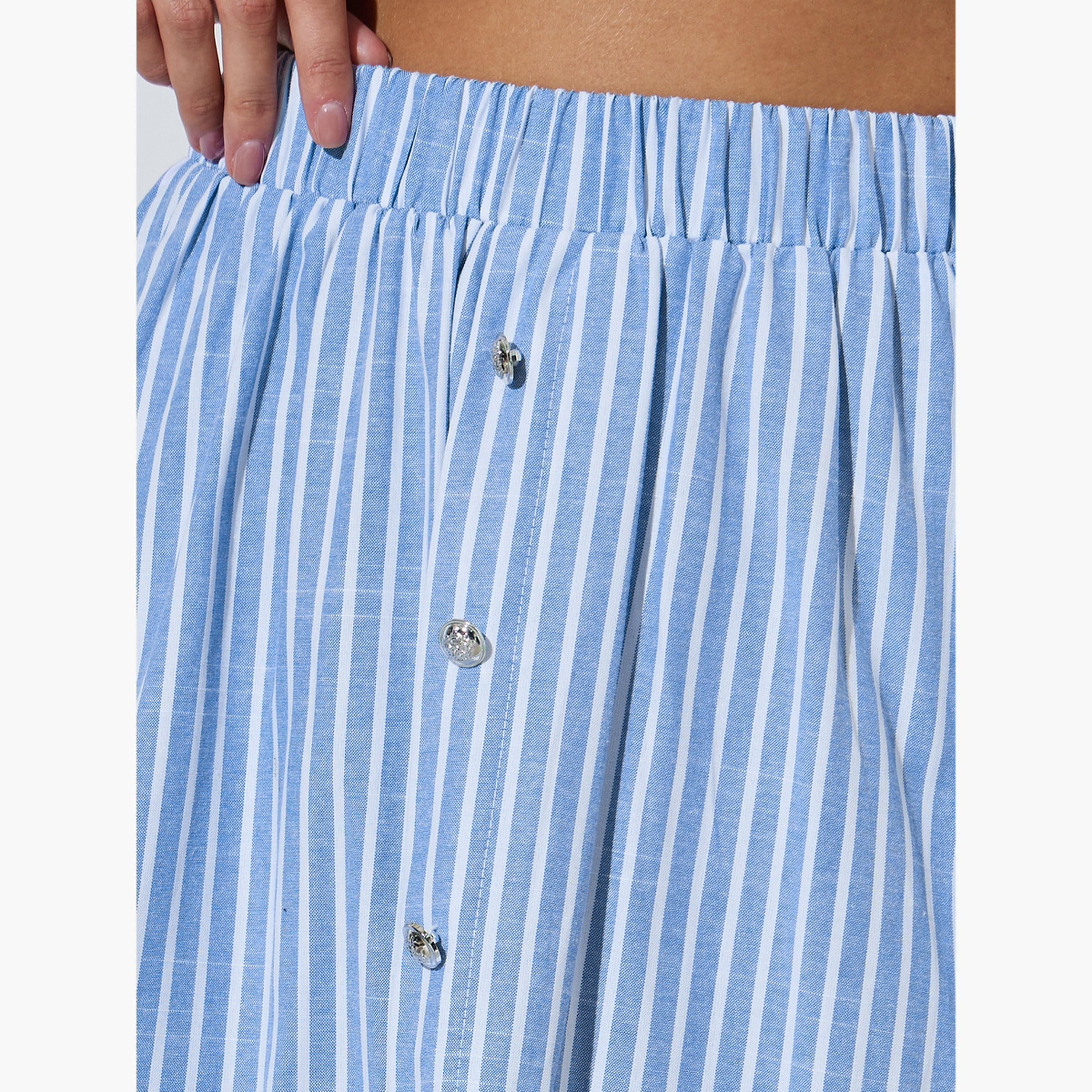 Styli Blue Striped Button Details A-Line Midi Skirt-women-clothing-bottoms-skirts-image-3