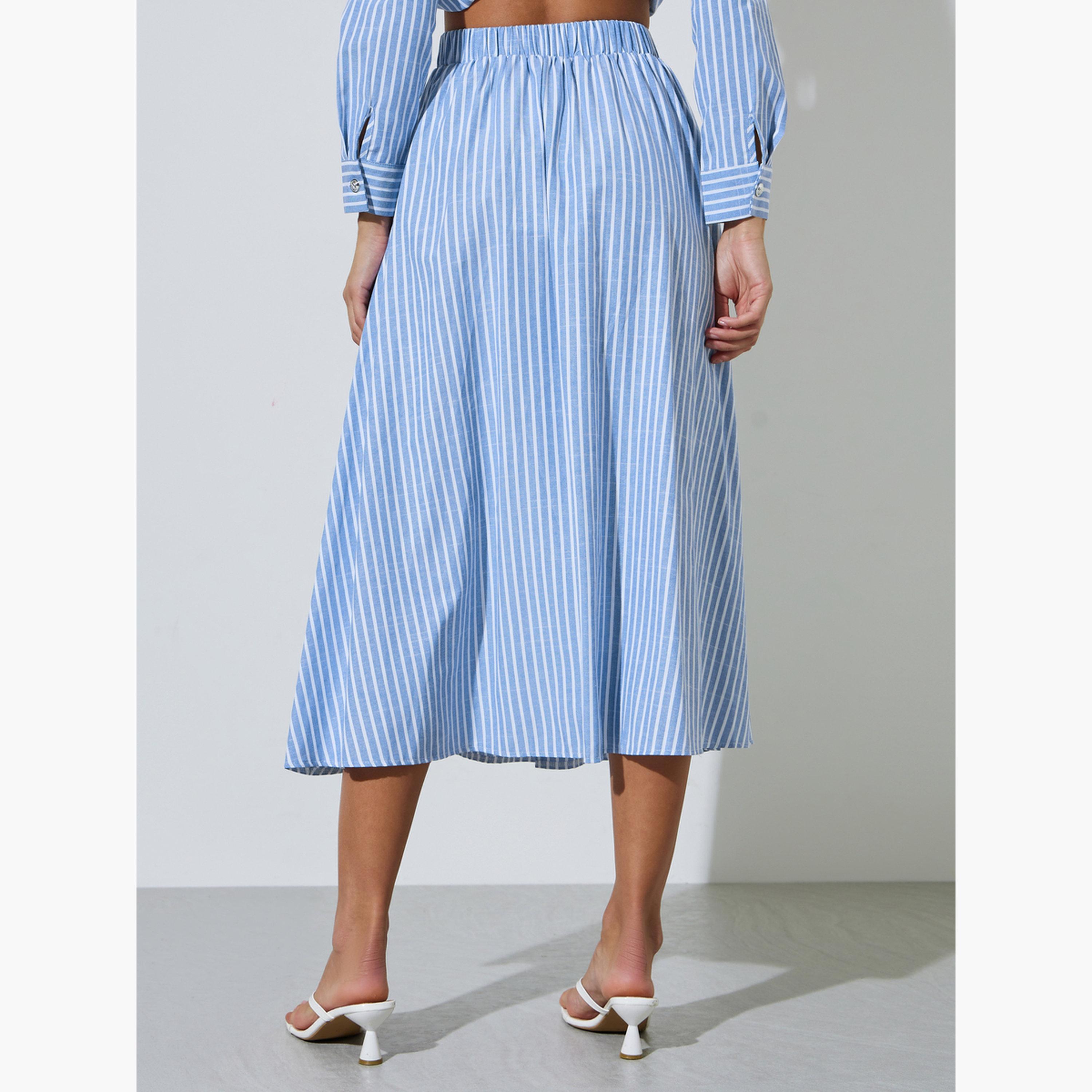 Styli Blue Striped Button Details A-Line Midi Skirt-women-clothing-bottoms-skirts-image-4