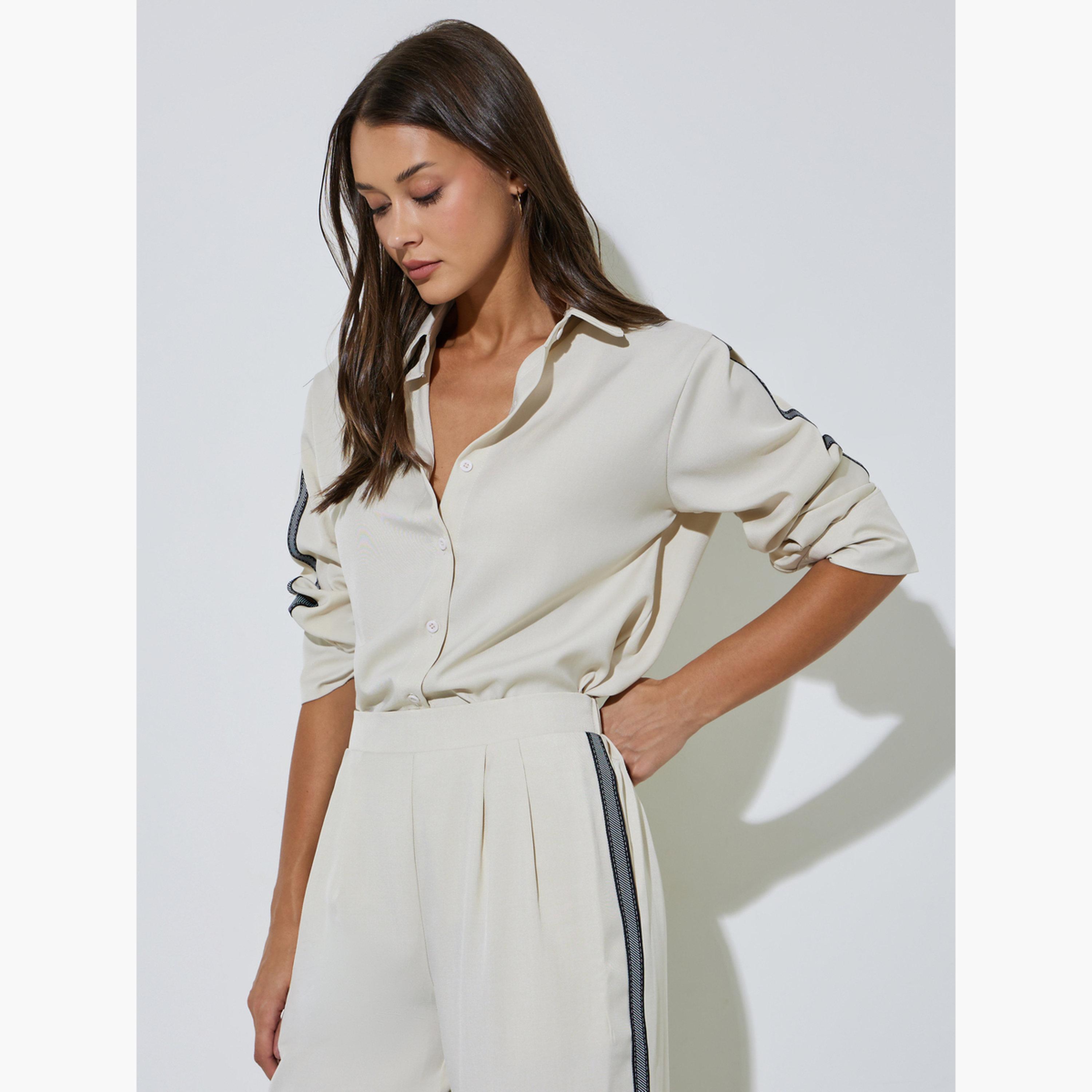 قميص بقصة مريحة وحافة طويلة من الخلف لون أوف وايت-women-clothing-shirtsandblouses-shirts-image-3