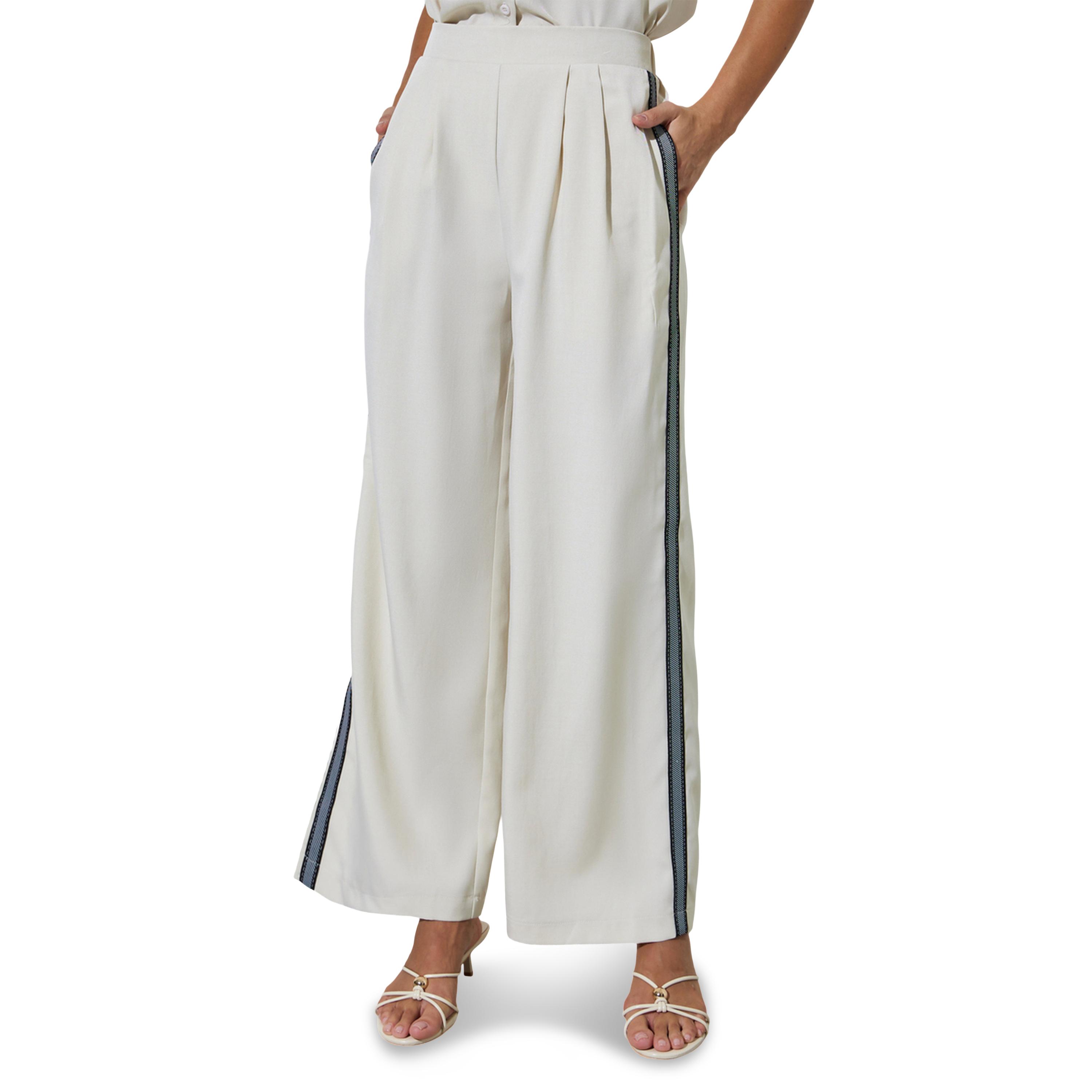Styli Off White Solid Wide Leg Pants with Side Lace Detail-women-clothing-bottoms-joggers-image-1