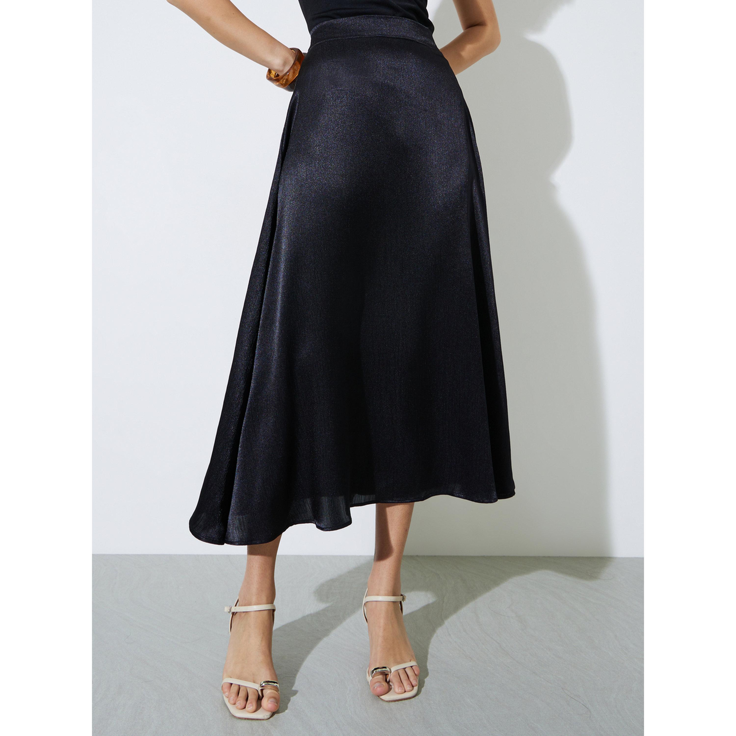 تنورة ميدي ساتان بحافة واسعة بلون سادة-women-clothing-skirts-image-1