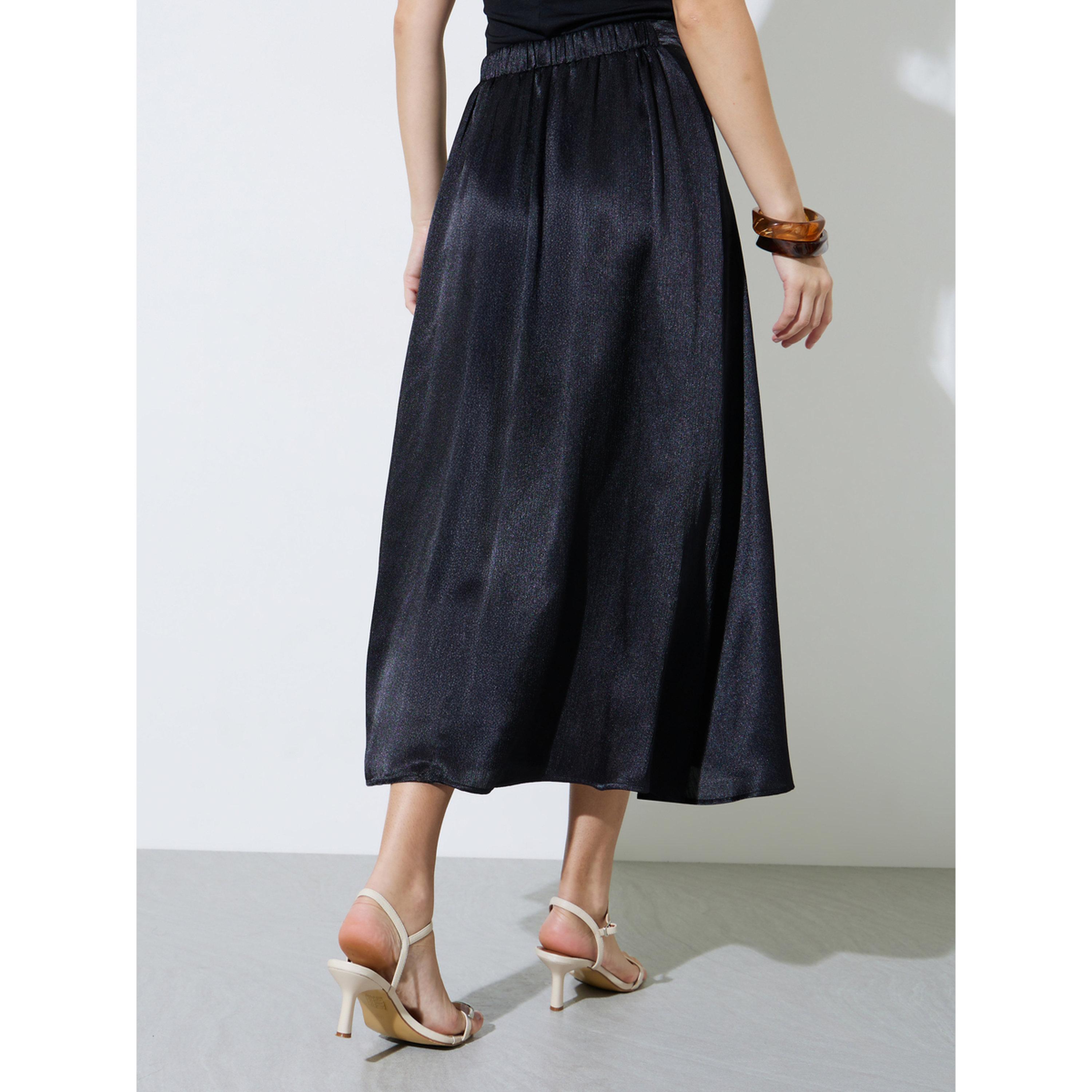 تنورة ميدي ساتان بحافة واسعة بلون سادة-women-clothing-skirts-image-4