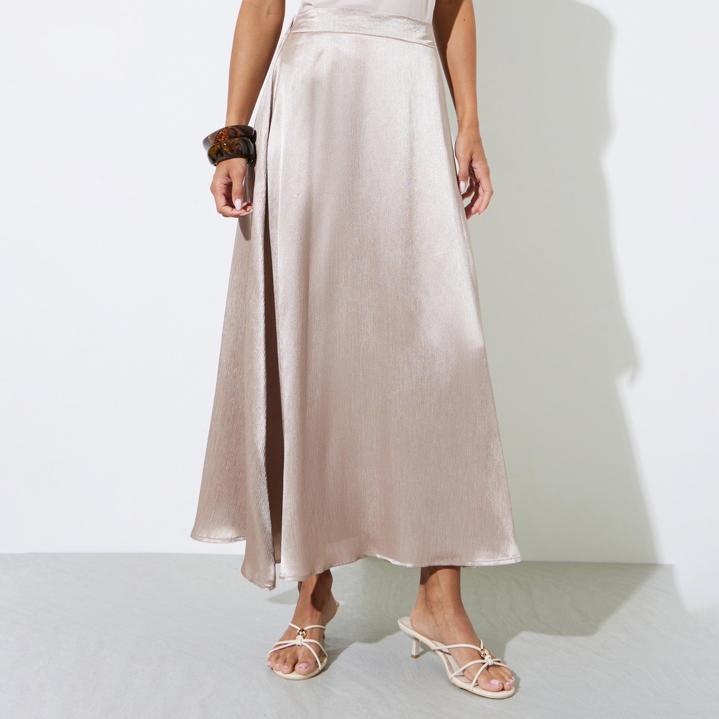 تنورة ميدي ساتان بحافة واسعة سادة-women-clothing-skirts-image-1
