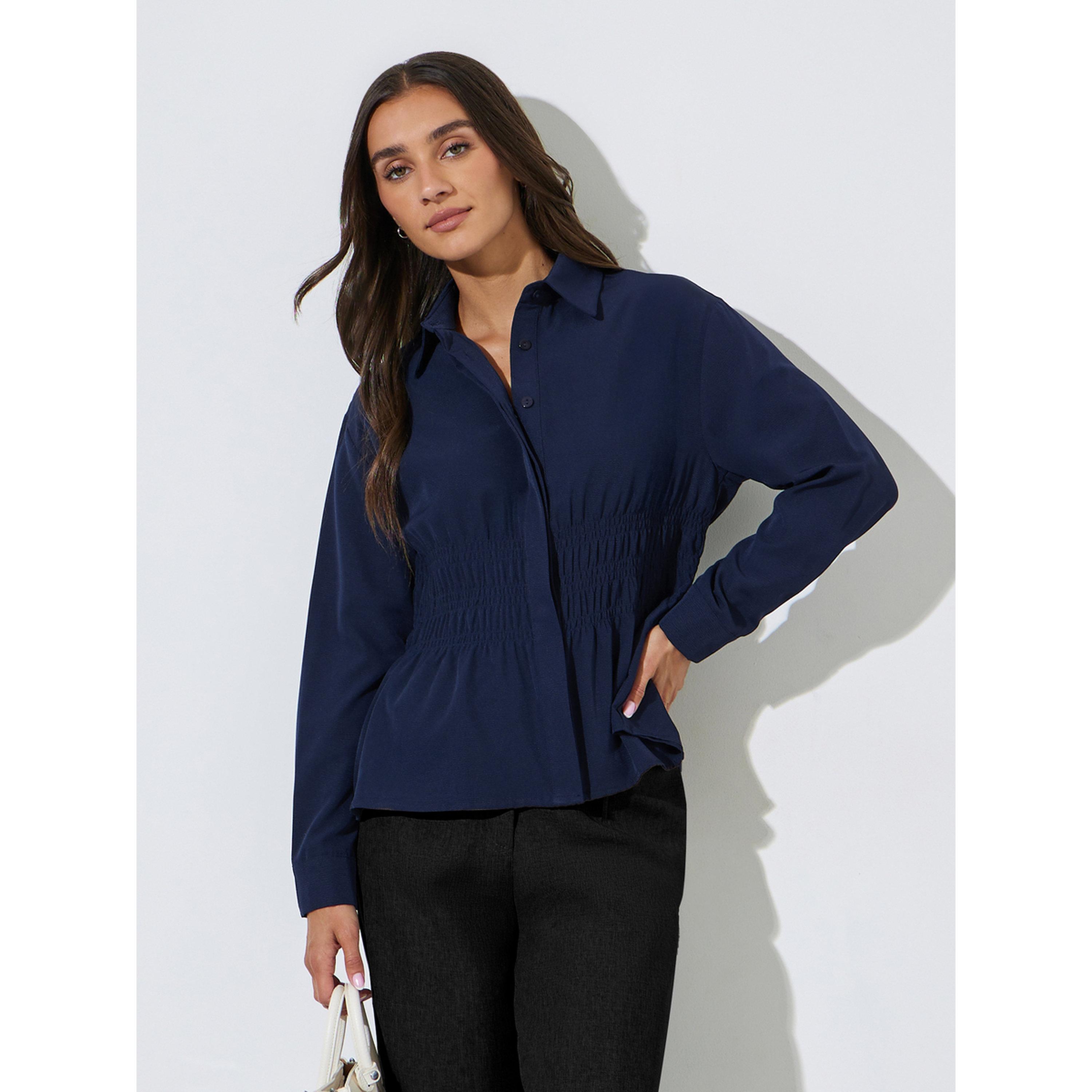 Styli Navy Blue Solid Smoked Waist Shirt-women-clothing-shirtsandblouses-shirts-image-1