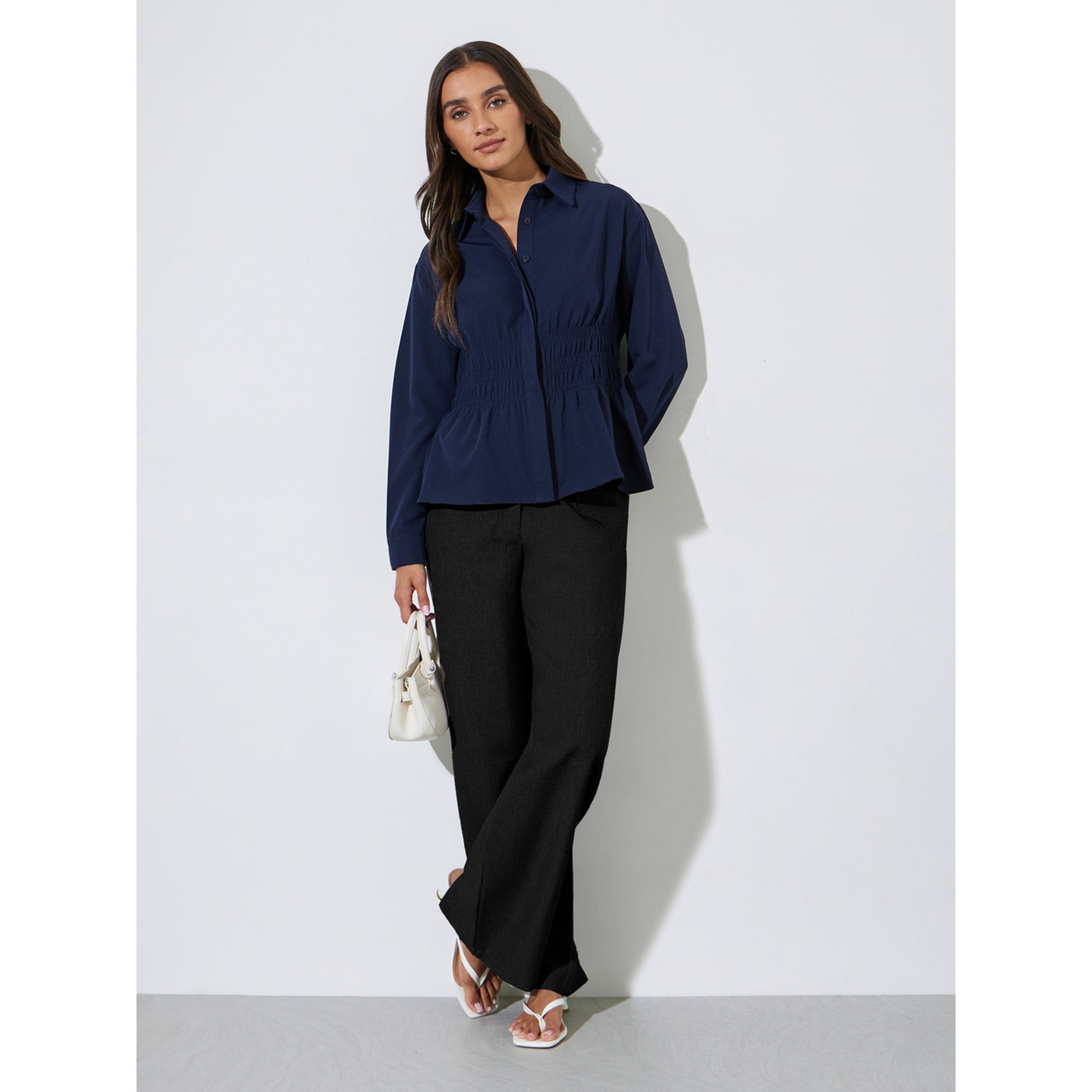 Styli Navy Blue Solid Smoked Waist Shirt-women-clothing-shirtsandblouses-shirts-image-2