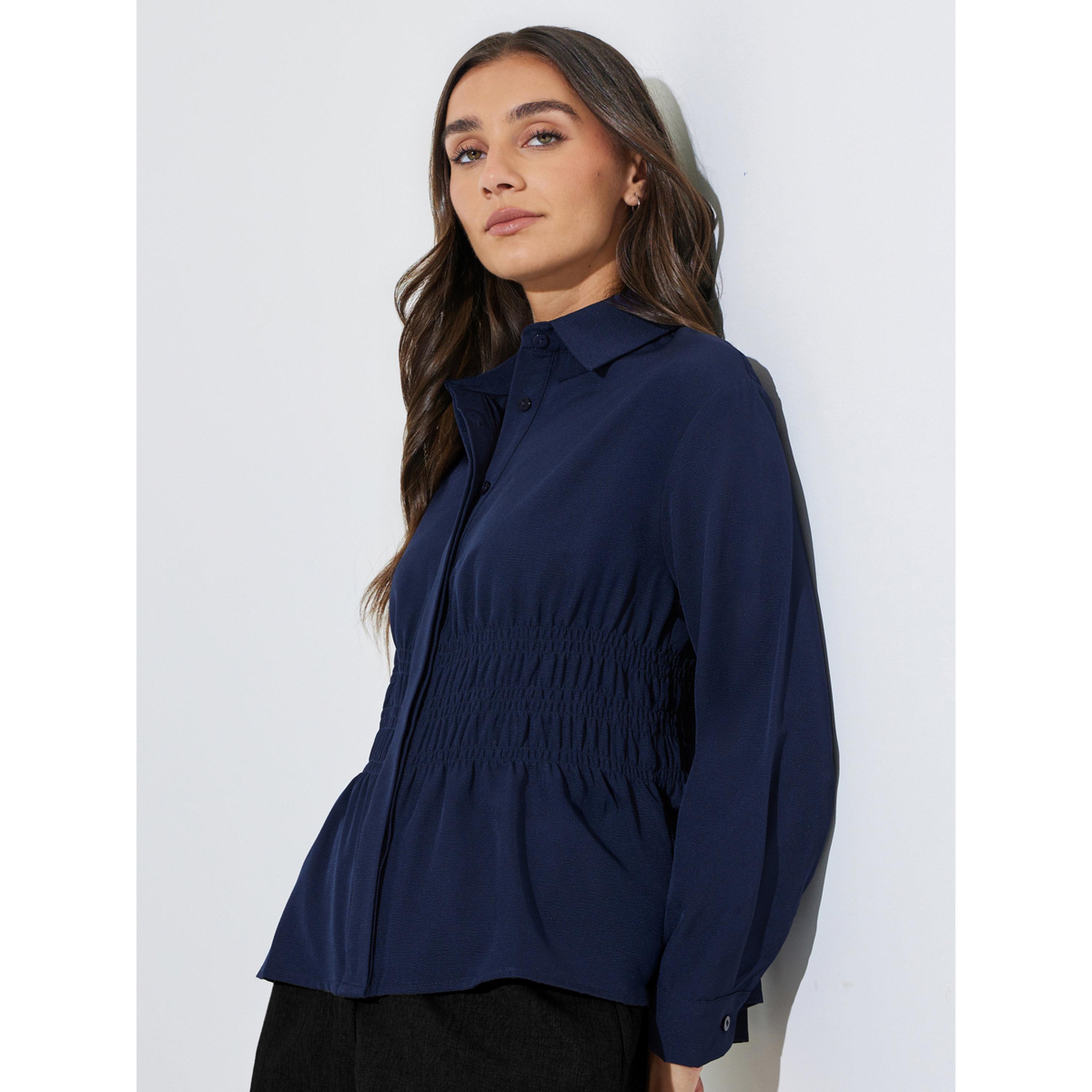 Styli Navy Blue Solid Smoked Waist Shirt-women-clothing-shirtsandblouses-shirts-image-3
