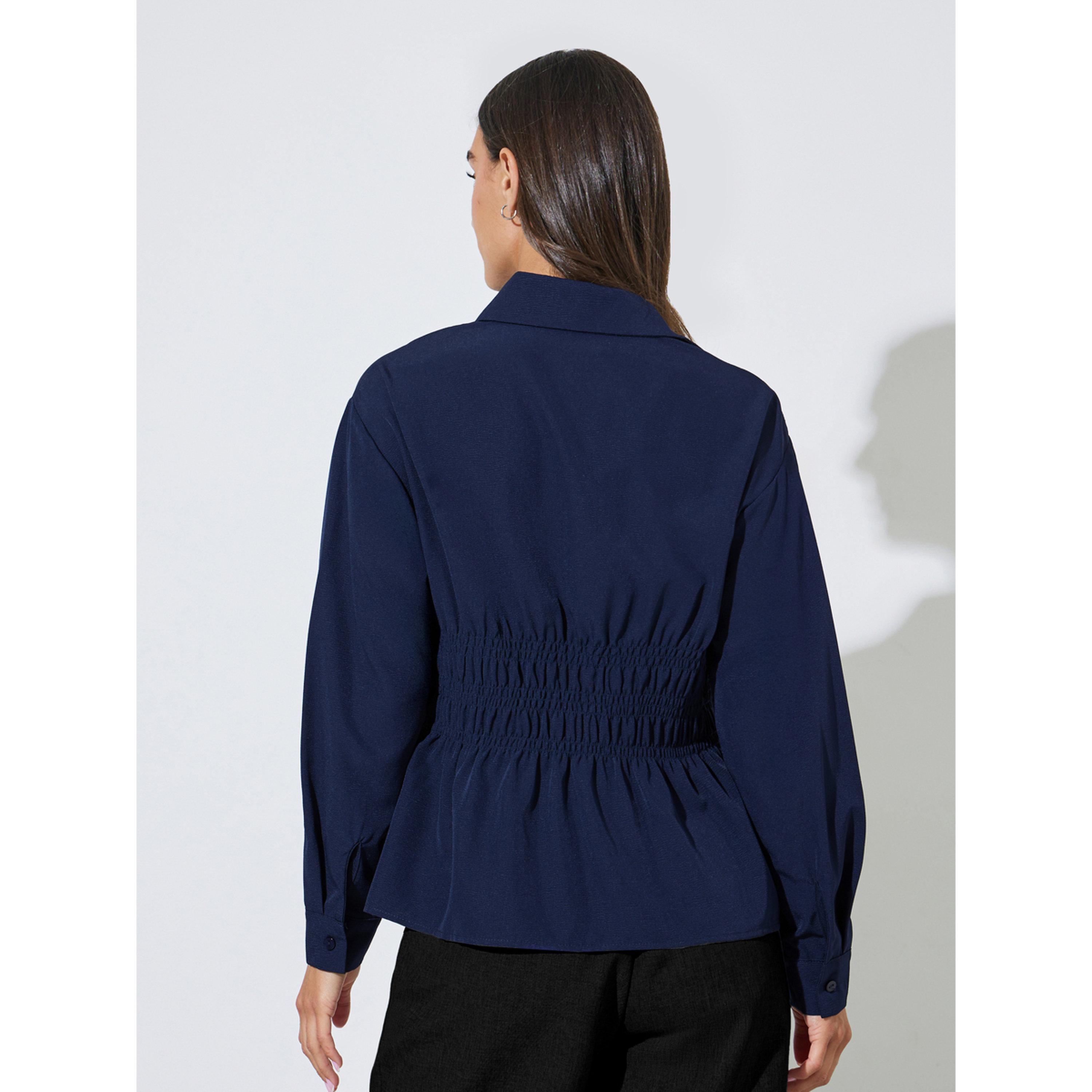 Styli Navy Blue Solid Smoked Waist Shirt-women-clothing-shirtsandblouses-shirts-image-4