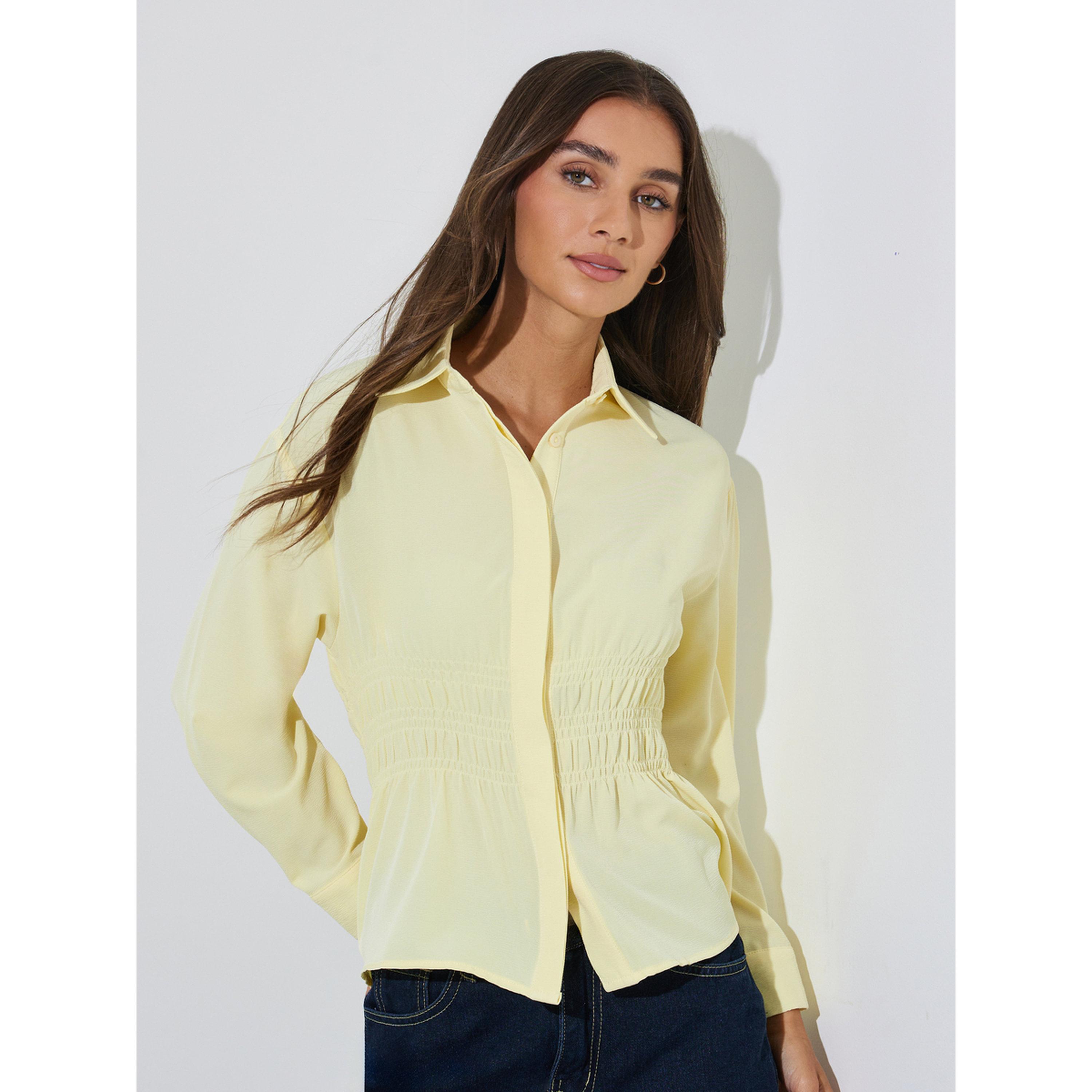 بلوزة بخصر بكسرات كشكشة سادة باللون الأصفر-women-clothing-shirtsandblouses-shirts-image-1