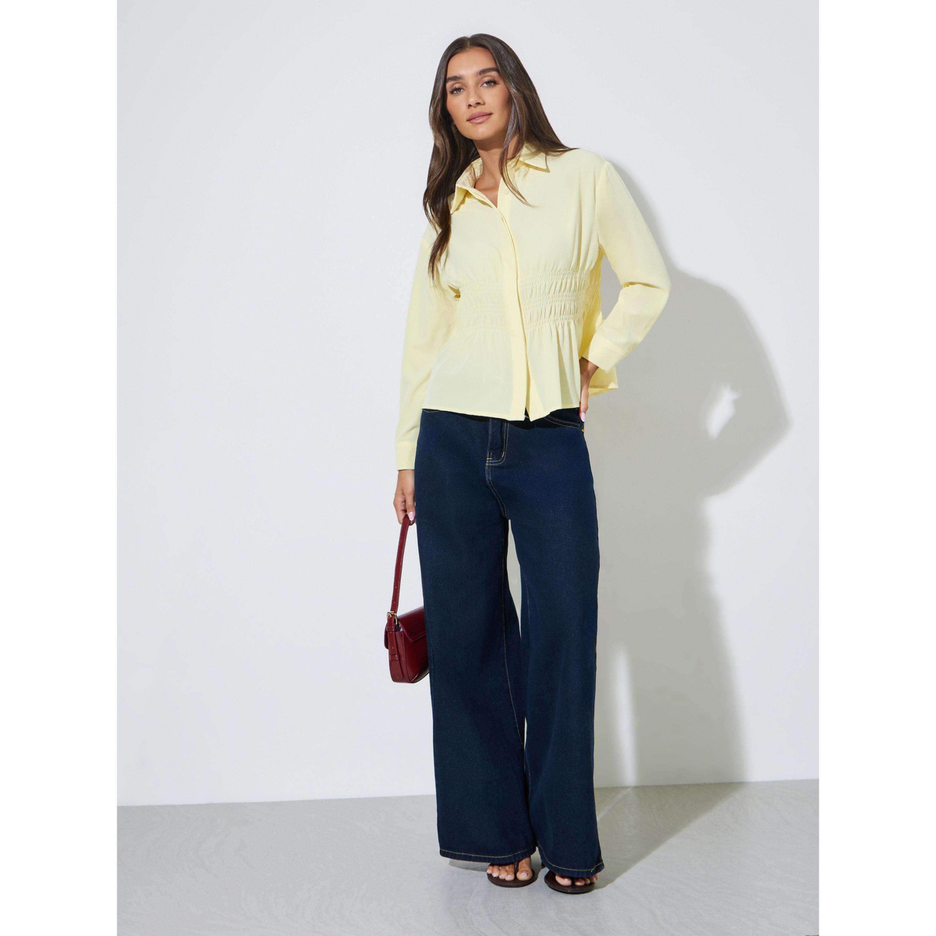بلوزة بخصر بكسرات كشكشة سادة باللون الأصفر-women-clothing-shirtsandblouses-shirts-image-2