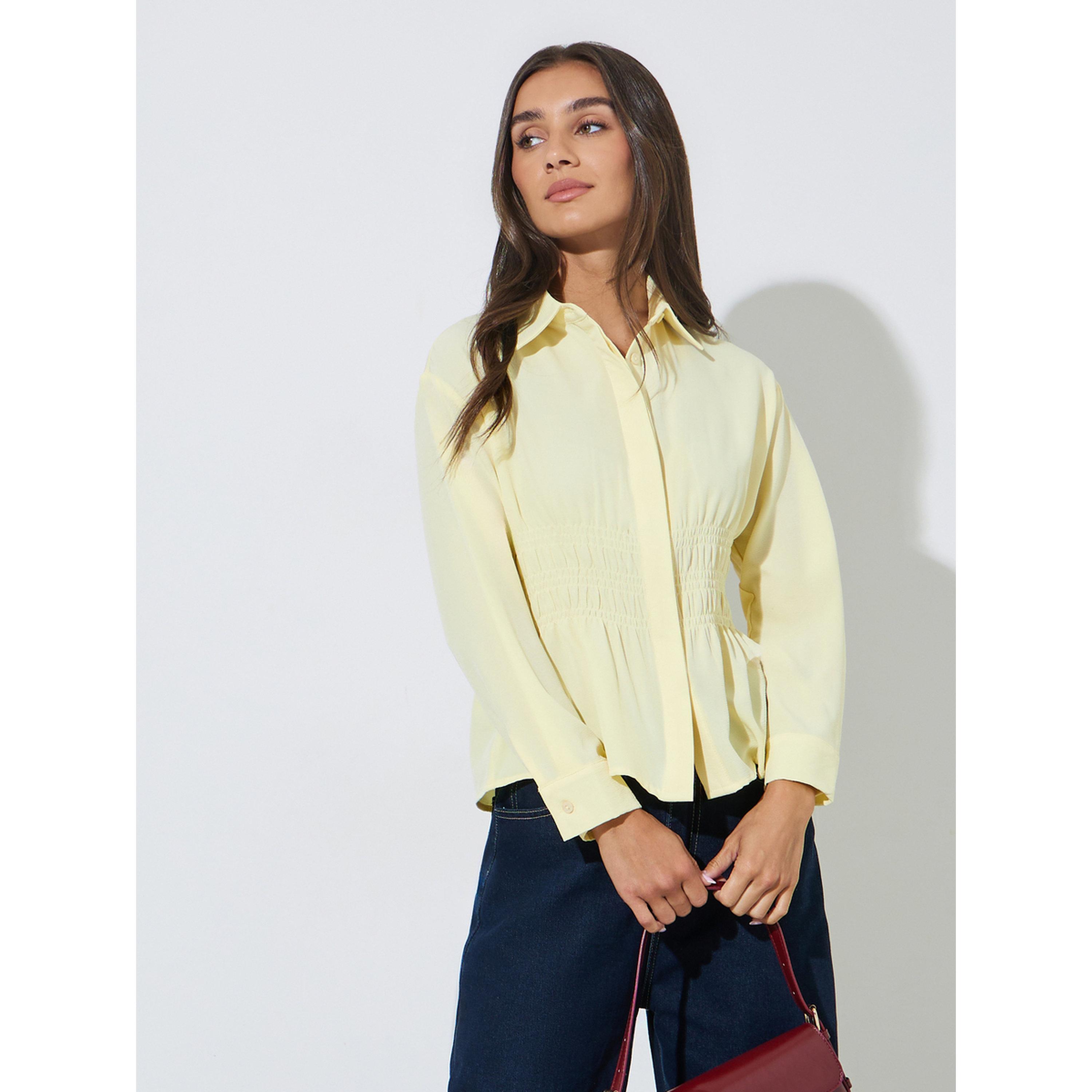 بلوزة بخصر بكسرات كشكشة سادة باللون الأصفر-women-clothing-shirtsandblouses-shirts-image-3