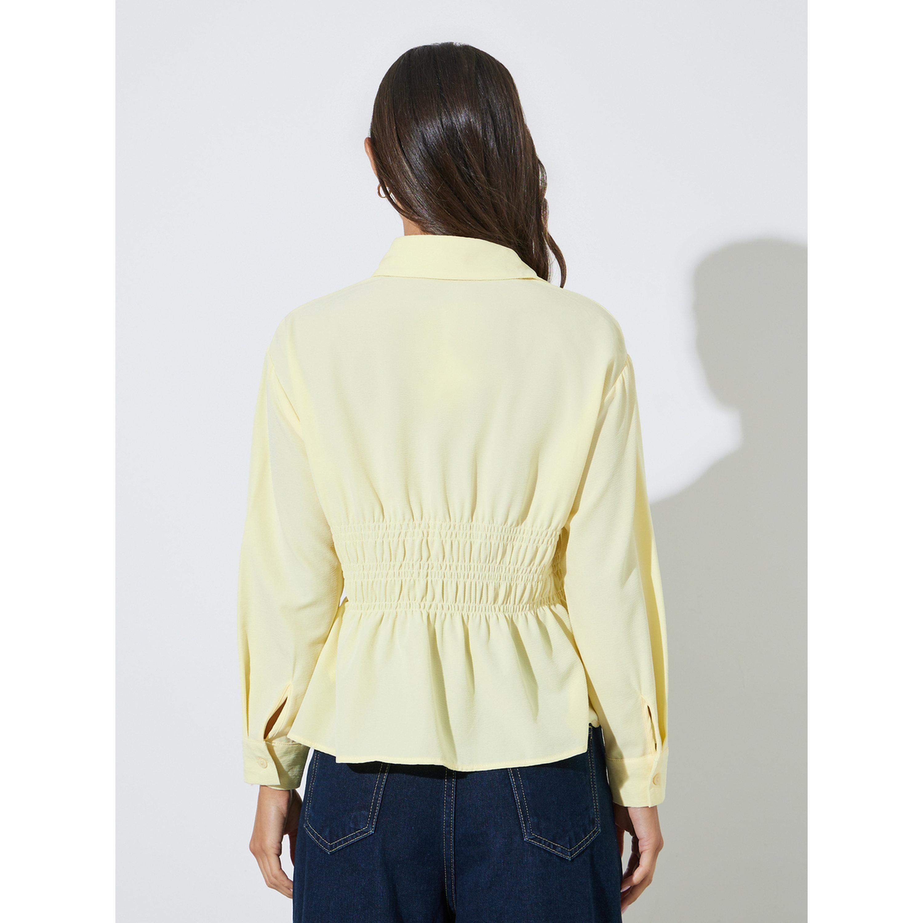 بلوزة بخصر بكسرات كشكشة سادة باللون الأصفر-women-clothing-shirtsandblouses-shirts-image-4