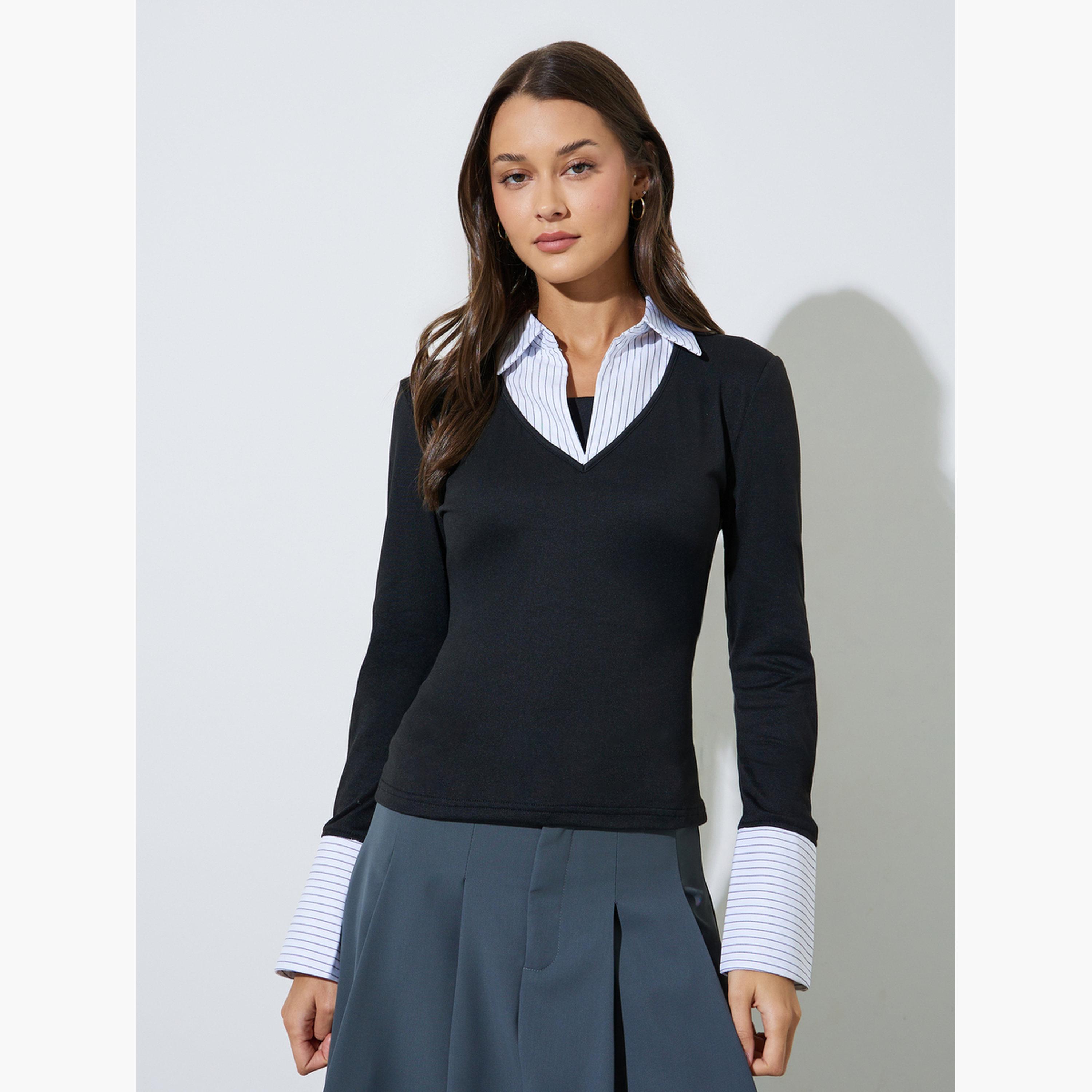 بلوزة محبوكة متداخلة بياقة وتفاصيل أشرطة مخطط لون أسود-women-clothing-shirtsandblouses-blouses-image-1