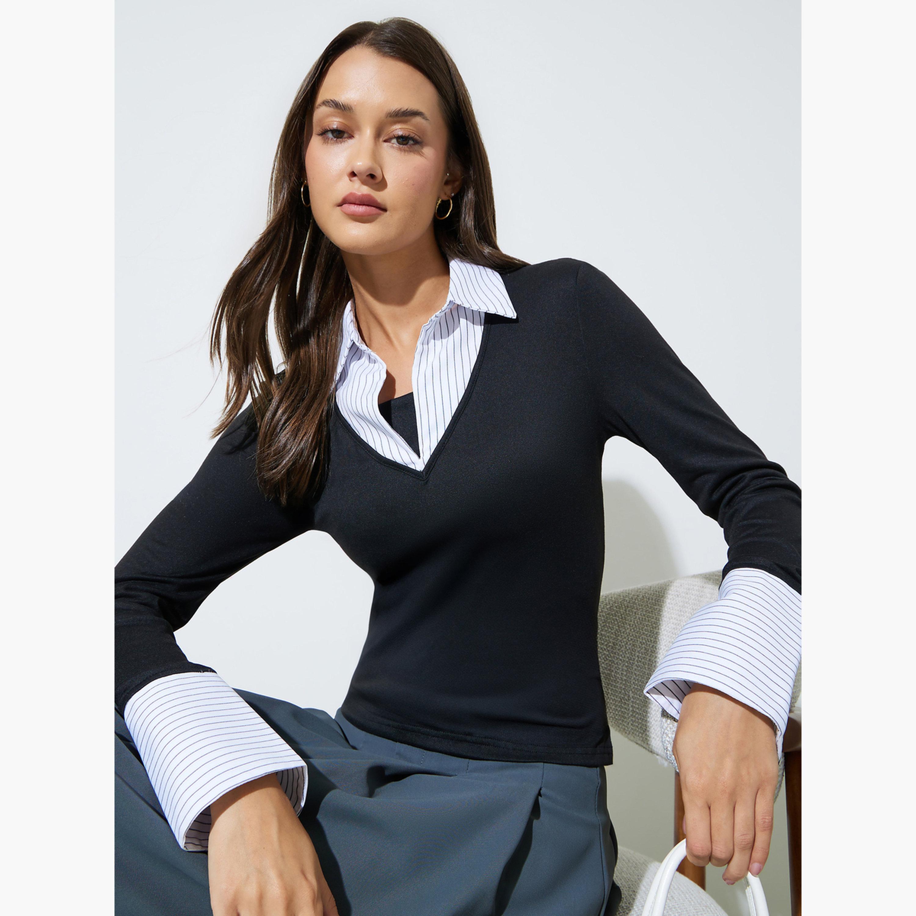 بلوزة محبوكة متداخلة بياقة وتفاصيل أشرطة مخطط لون أسود-women-clothing-shirtsandblouses-blouses-image-3
