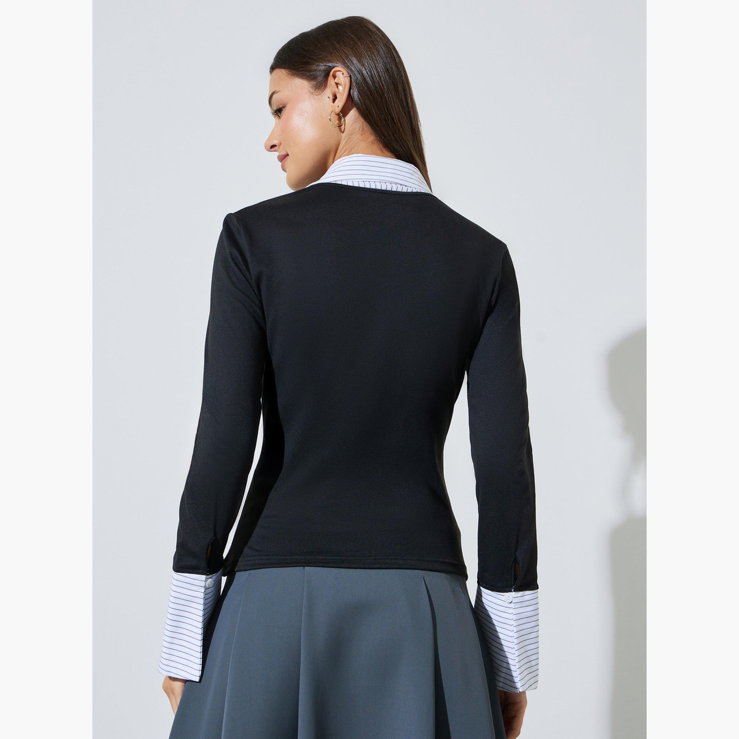 بلوزة محبوكة متداخلة بياقة وتفاصيل أشرطة مخطط لون أسود-women-clothing-shirtsandblouses-blouses-image-4
