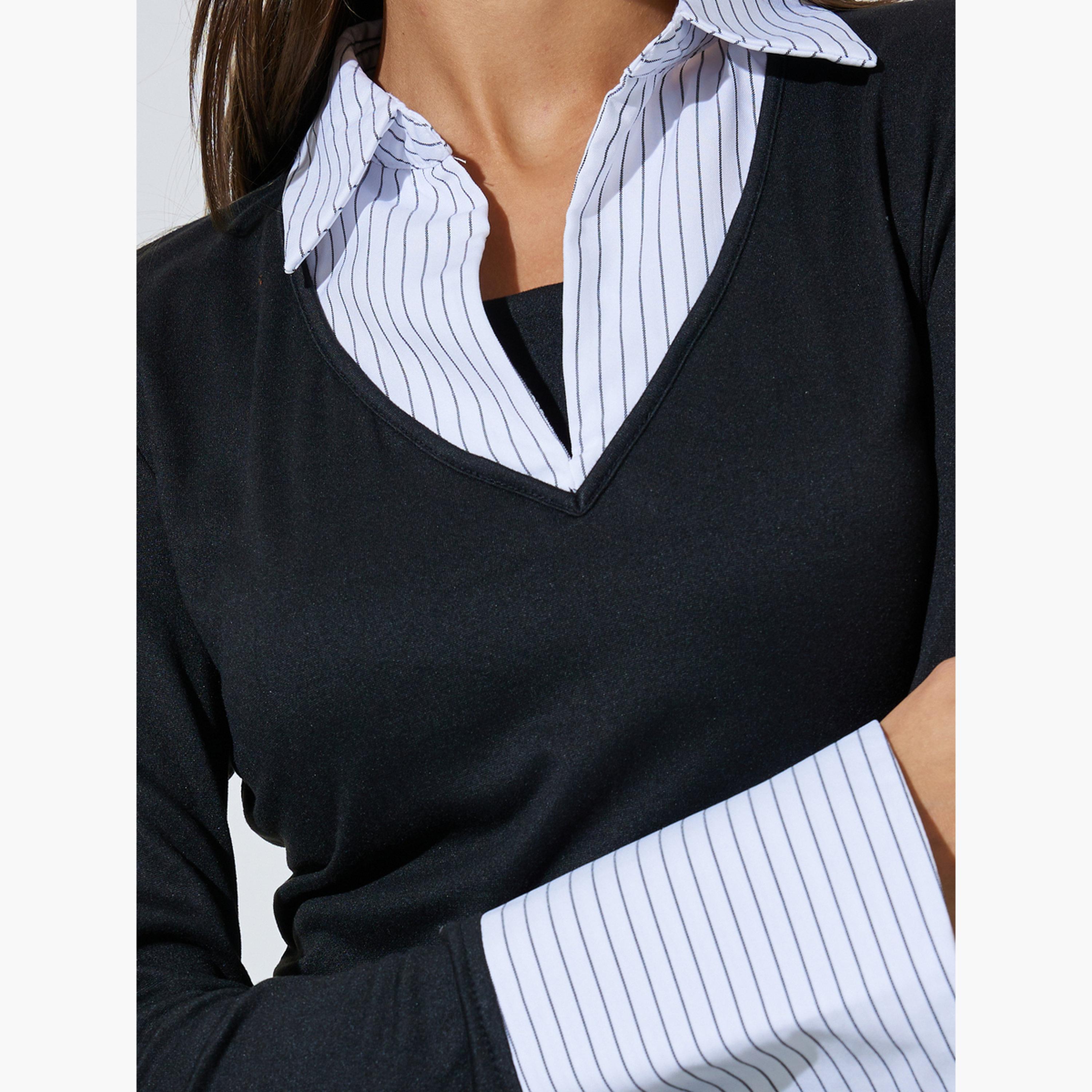 بلوزة محبوكة متداخلة بياقة وتفاصيل أشرطة مخطط لون أسود-women-clothing-shirtsandblouses-blouses-image-5