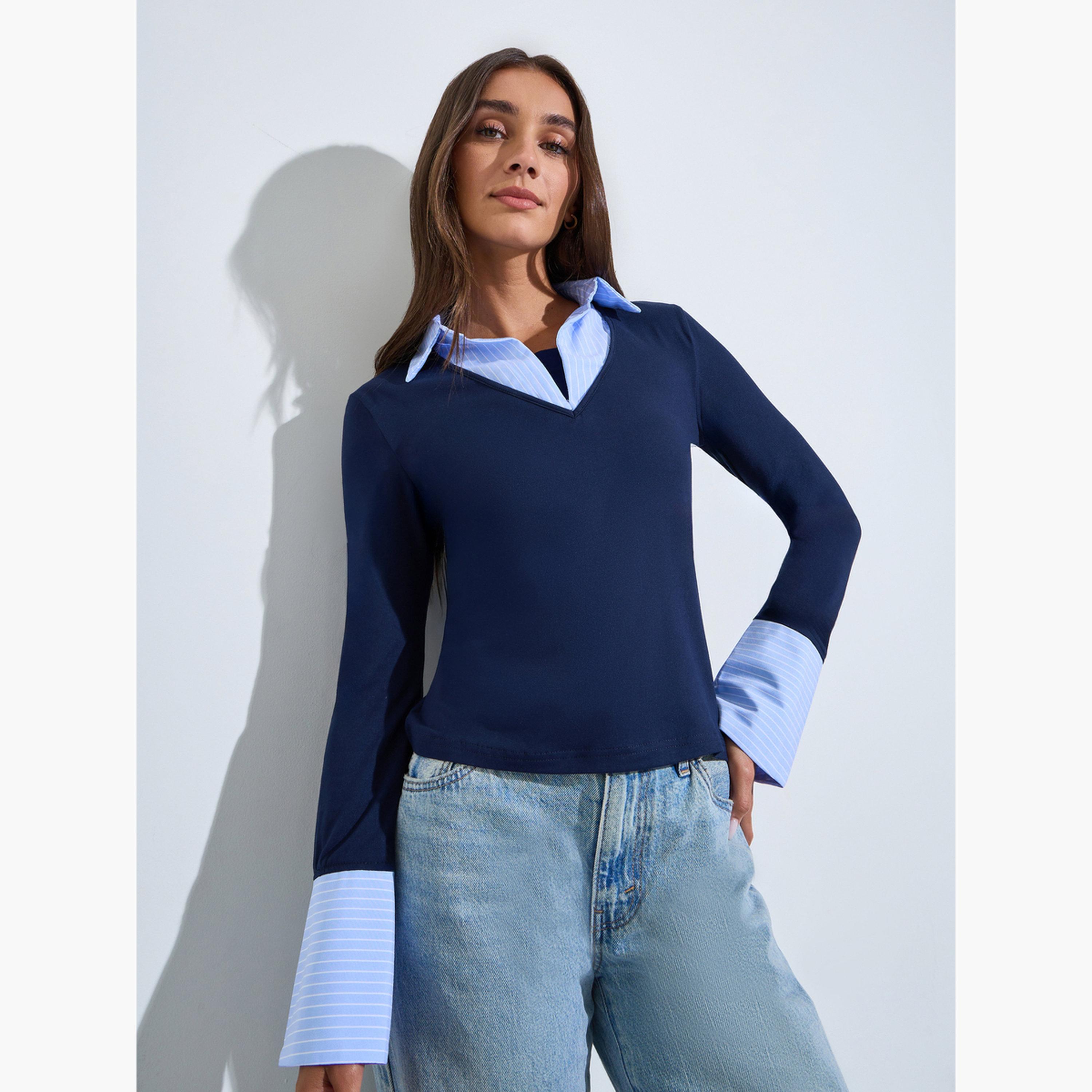 بلوزة محبوكة متداخلة بياقة وتفاصيل أشرطة مخطط لون كحلي-women-clothing-shirtsandblouses-blouses-image-1