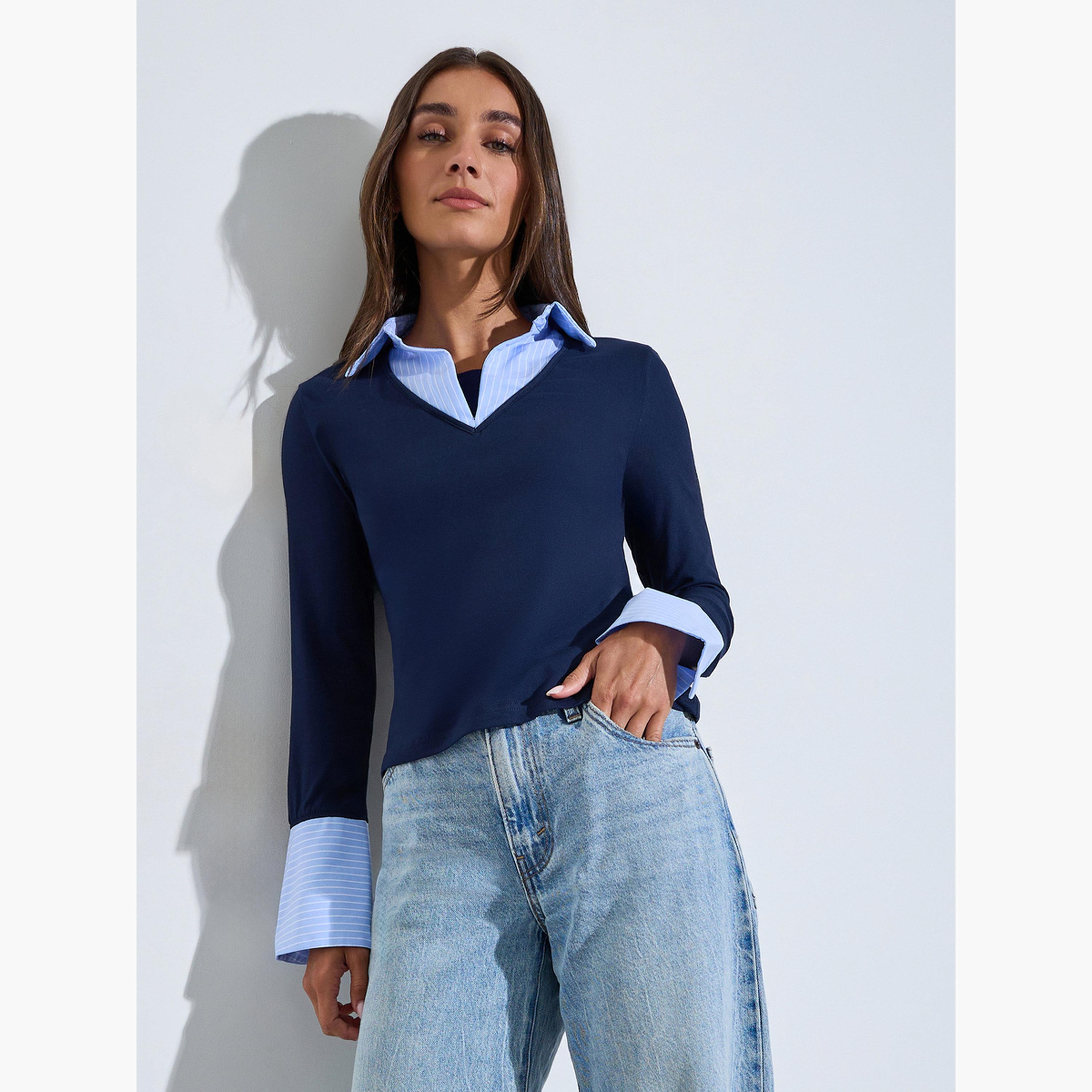 بلوزة محبوكة متداخلة بياقة وتفاصيل أشرطة مخطط لون كحلي-women-clothing-shirtsandblouses-blouses-image-3