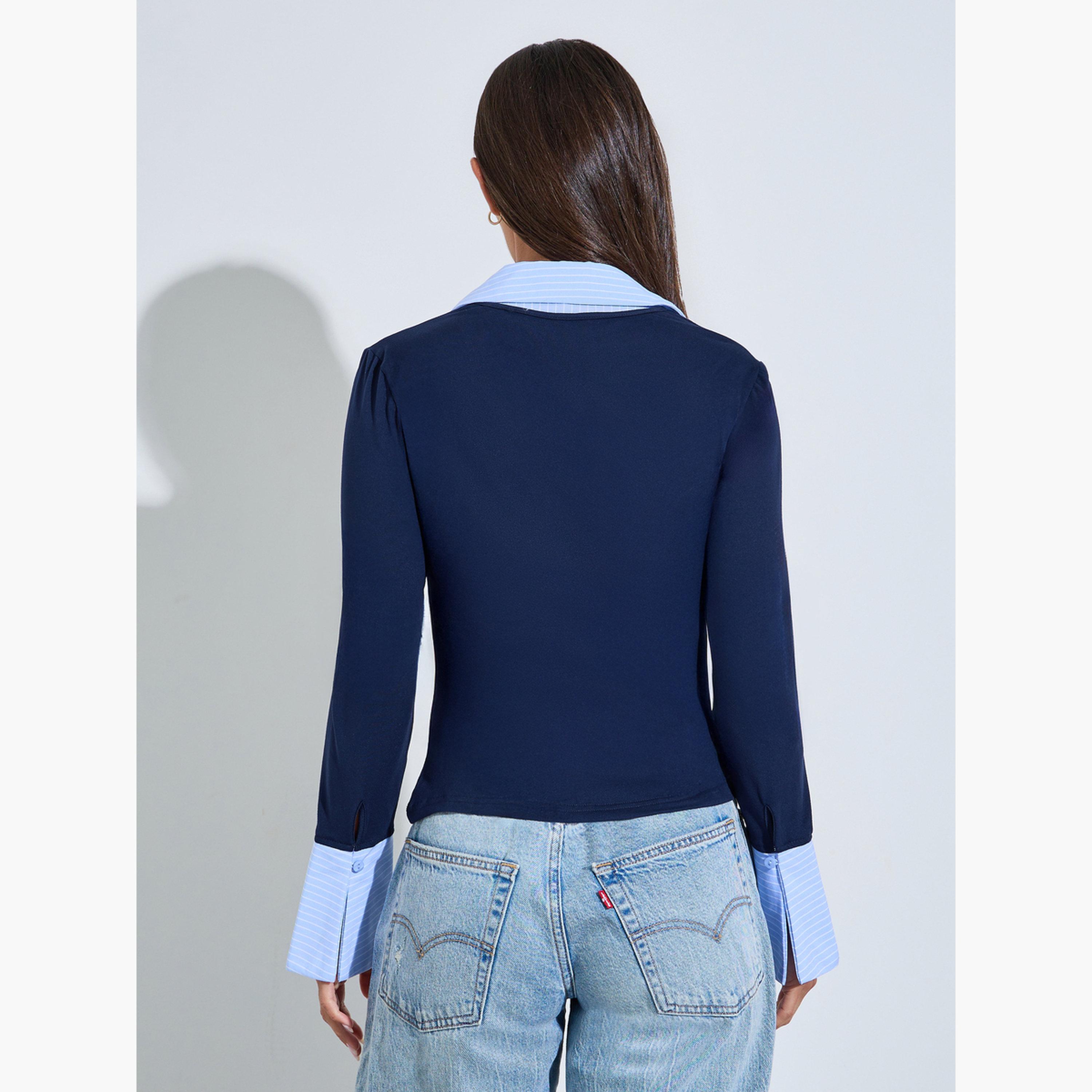 بلوزة محبوكة متداخلة بياقة وتفاصيل أشرطة مخطط لون كحلي-women-clothing-shirtsandblouses-blouses-image-4