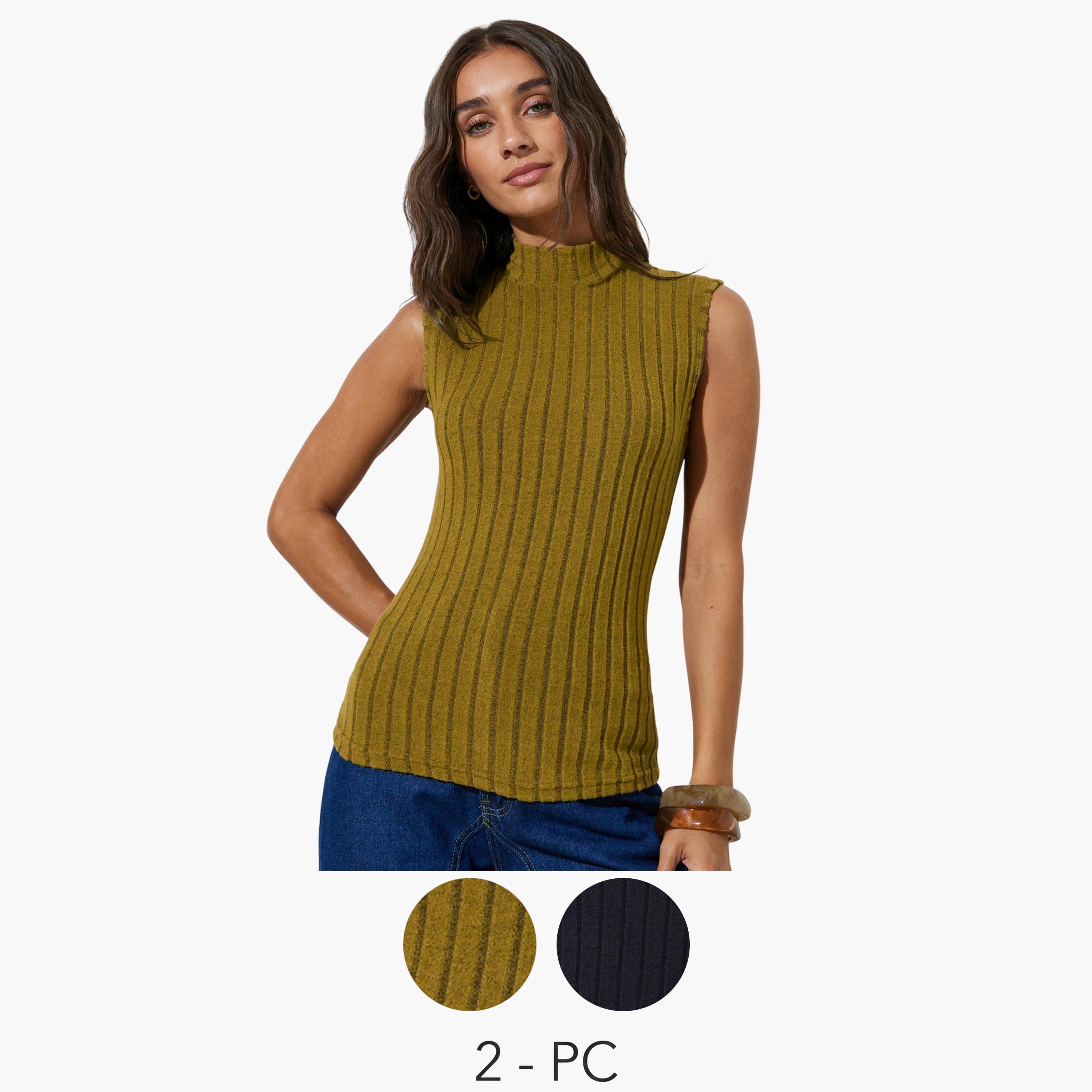 Styli Pack of 2 - High Neck Sleeveless Fitted Ribbed Knit Top-women-clothing-shirtsandblouses-blouses-image-1