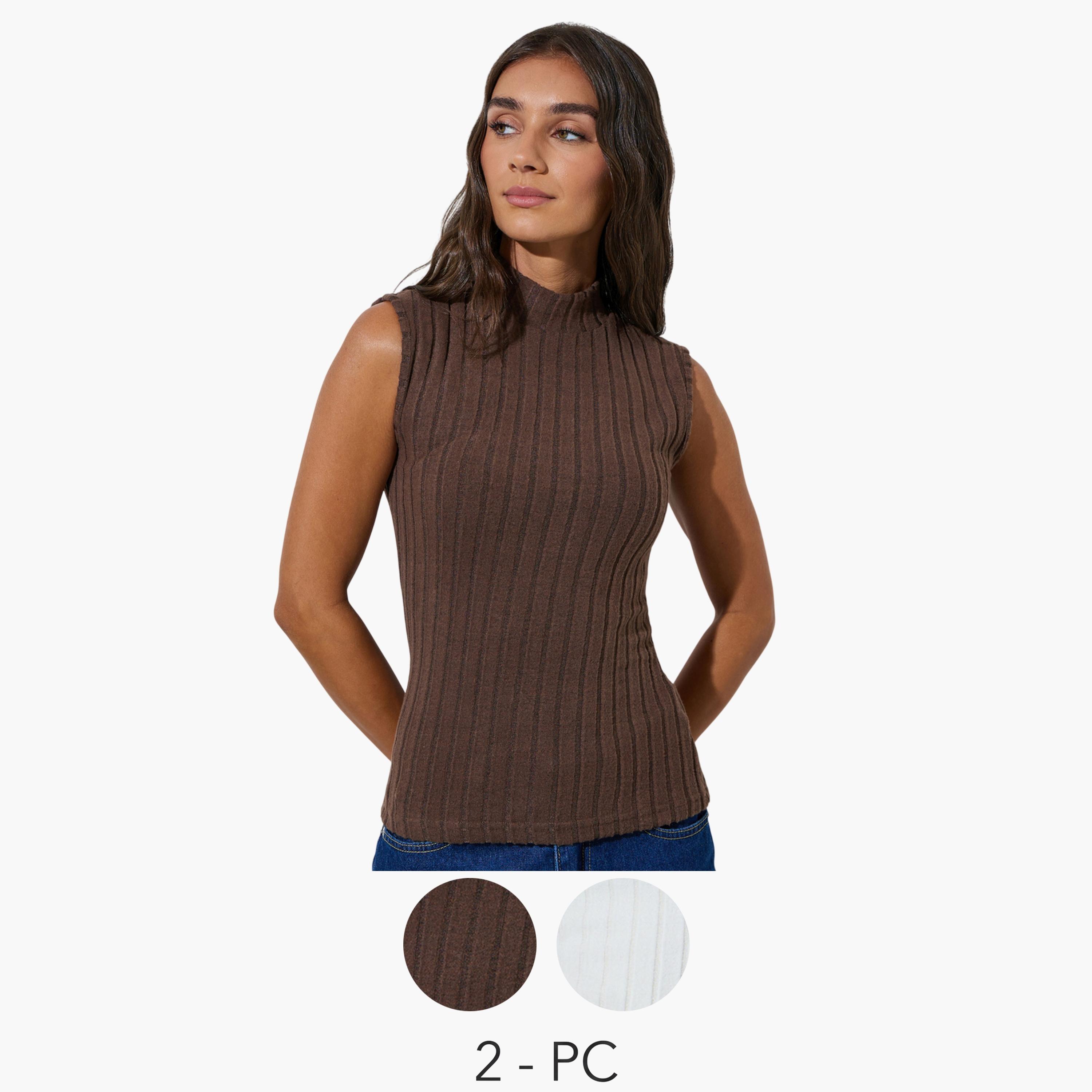 Styli Pack of 2 - High Neck Sleeveless Fitted Ribbed Knit Top-women-clothing-shirtsandblouses-blouses-image-1