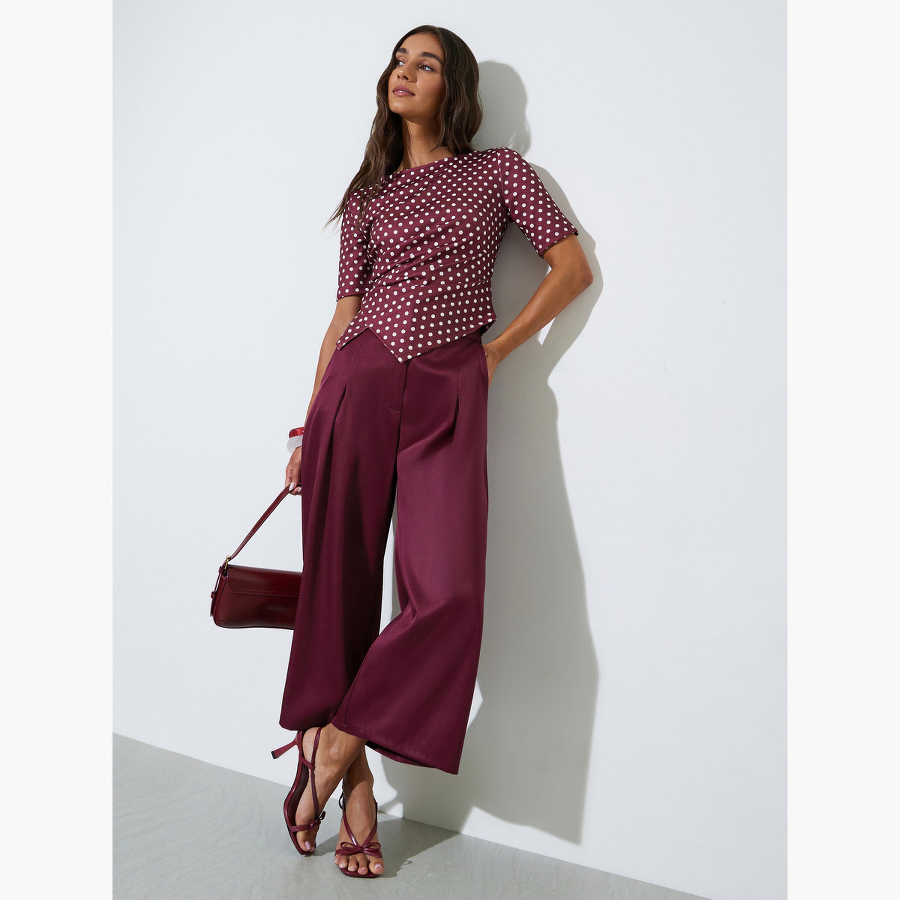 Styli Burgundy Polka Dot Asymmetric Hem Knit Top-women-clothing-shirtsandblouses-blouses-image-2