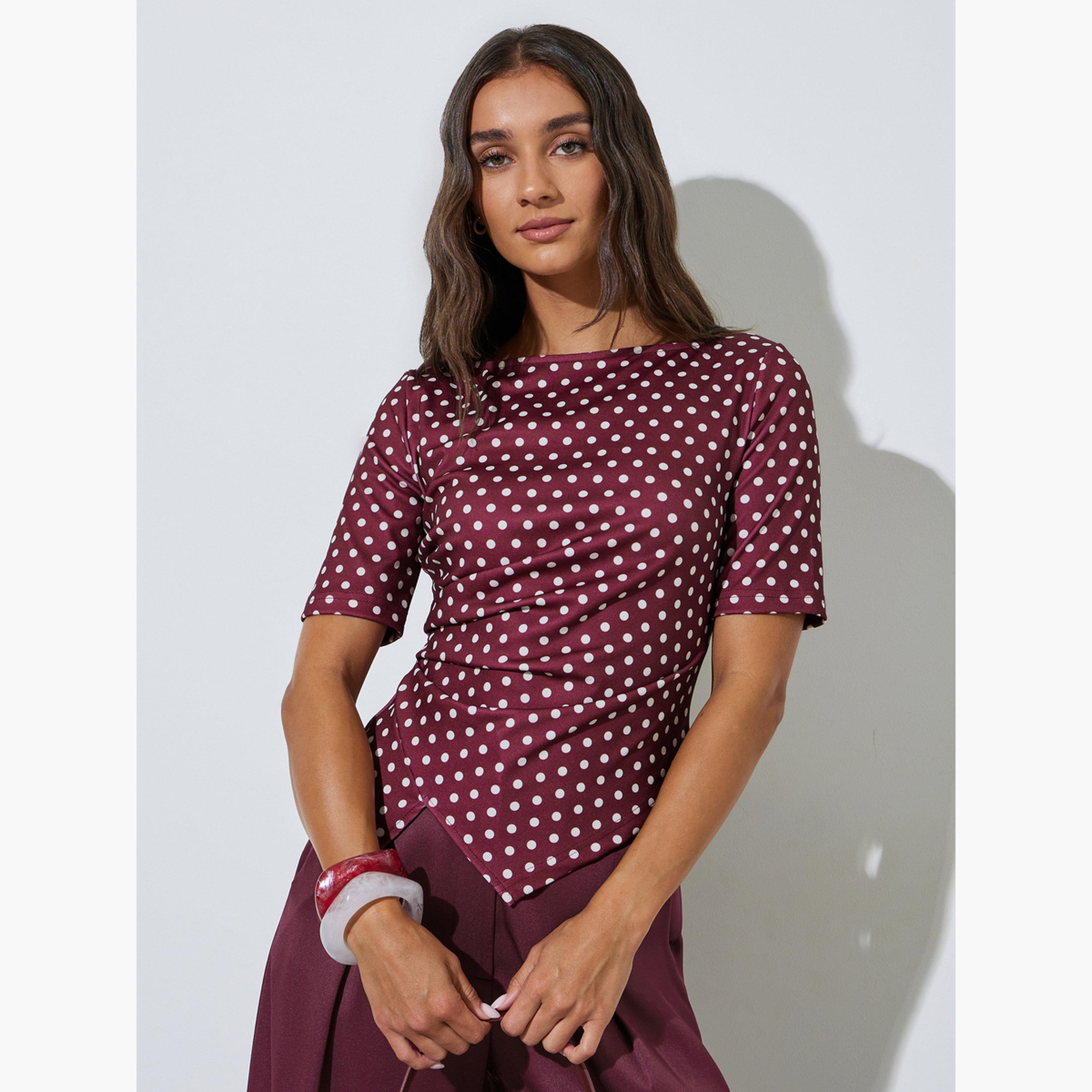 Styli Burgundy Polka Dot Asymmetric Hem Knit Top-women-clothing-shirtsandblouses-blouses-image-3