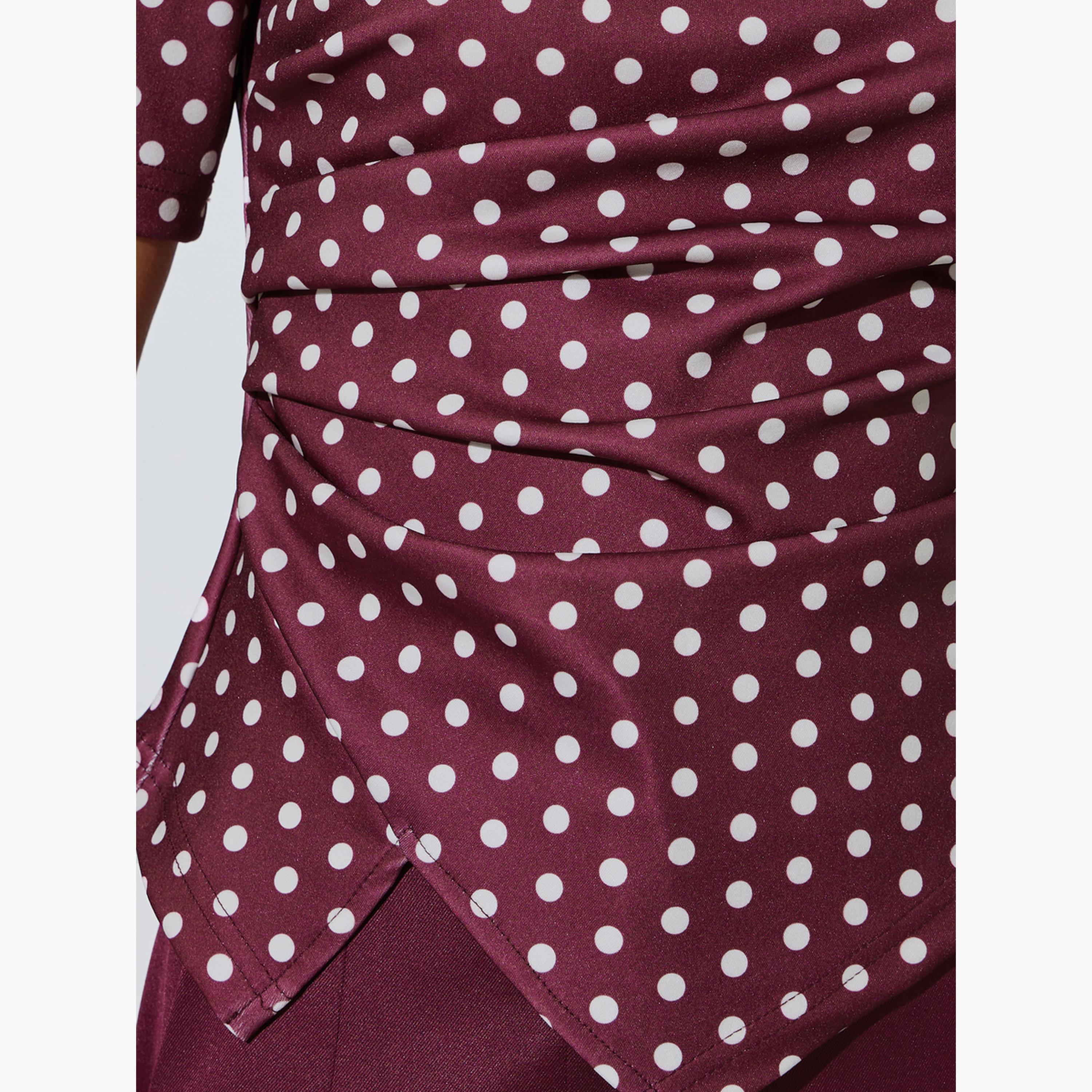 Styli Burgundy Polka Dot Asymmetric Hem Knit Top-women-clothing-shirtsandblouses-blouses-image-5