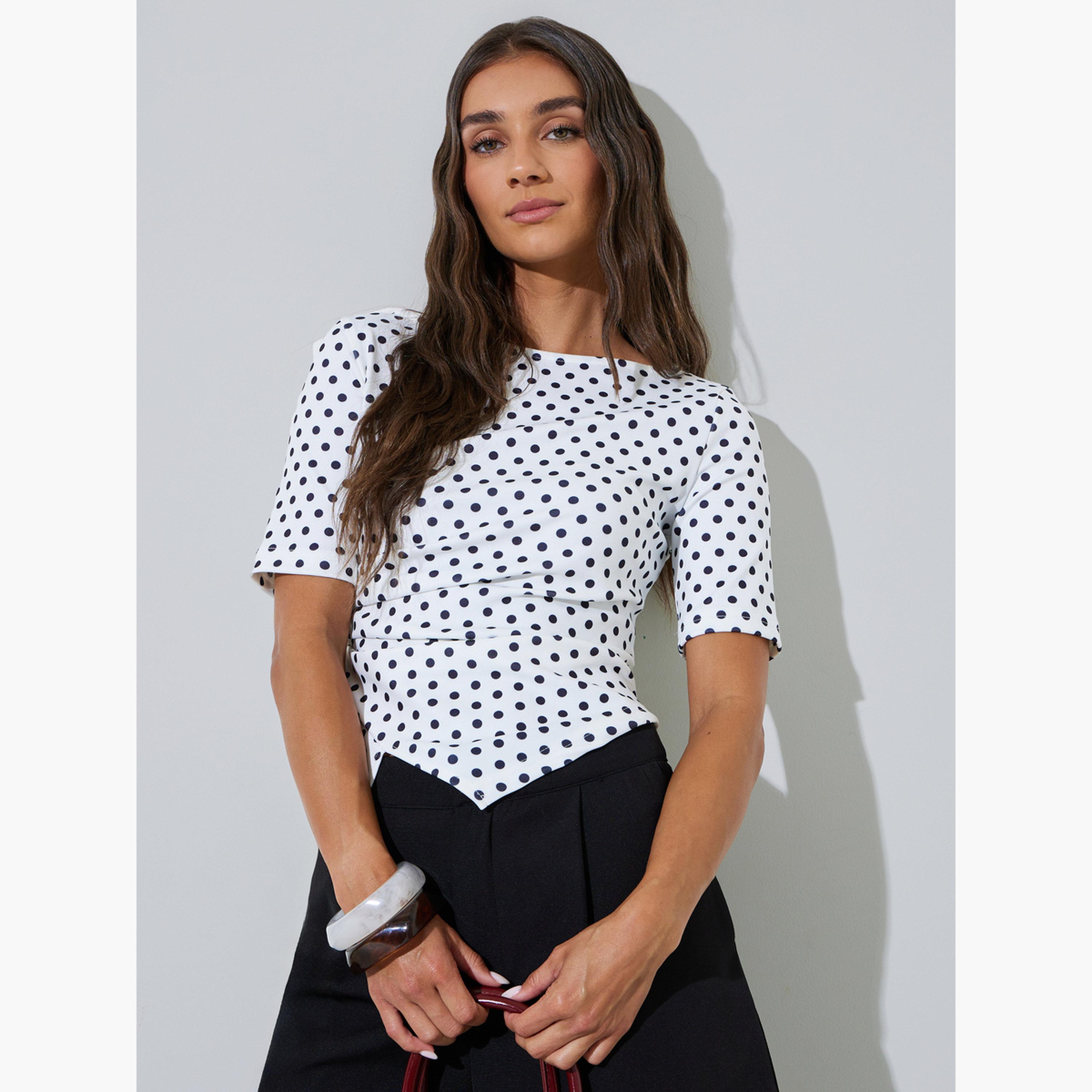 بلوزة محبوكة بنمط منقط وحافة غير متماثلة الطول-women-clothing-shirtsandblouses-blouses-image-1