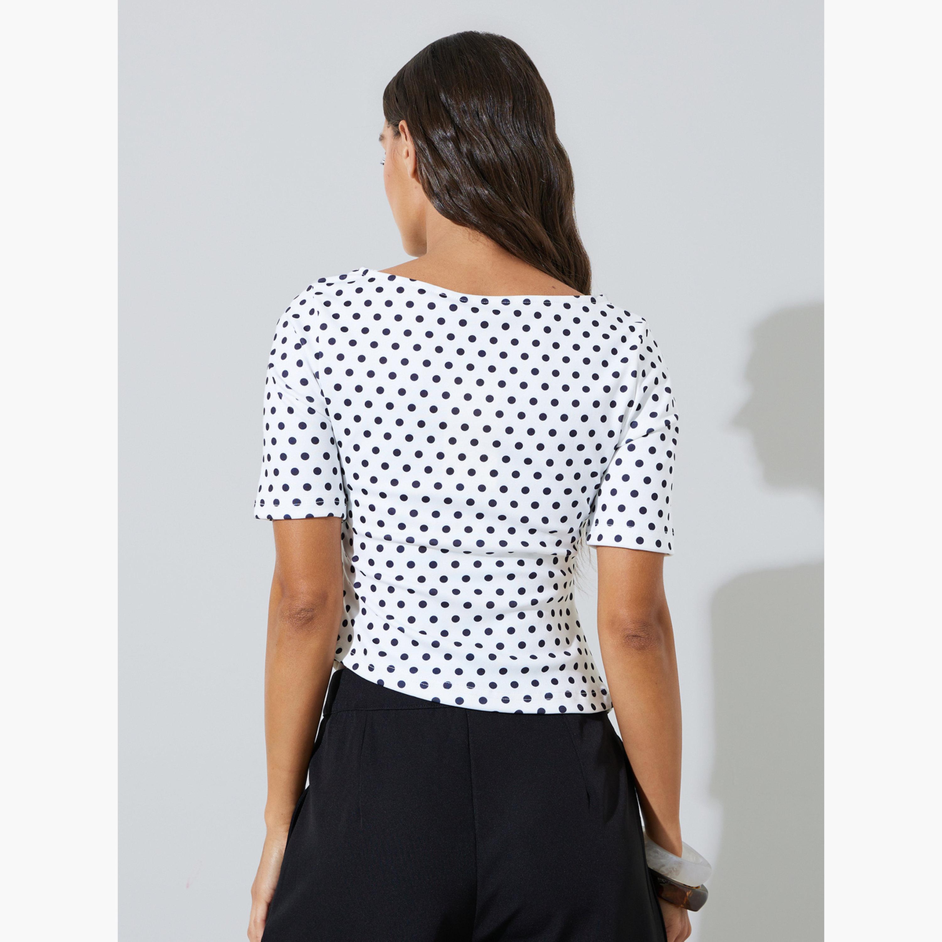بلوزة محبوكة بنمط منقط وحافة غير متماثلة الطول-women-clothing-shirtsandblouses-blouses-image-3