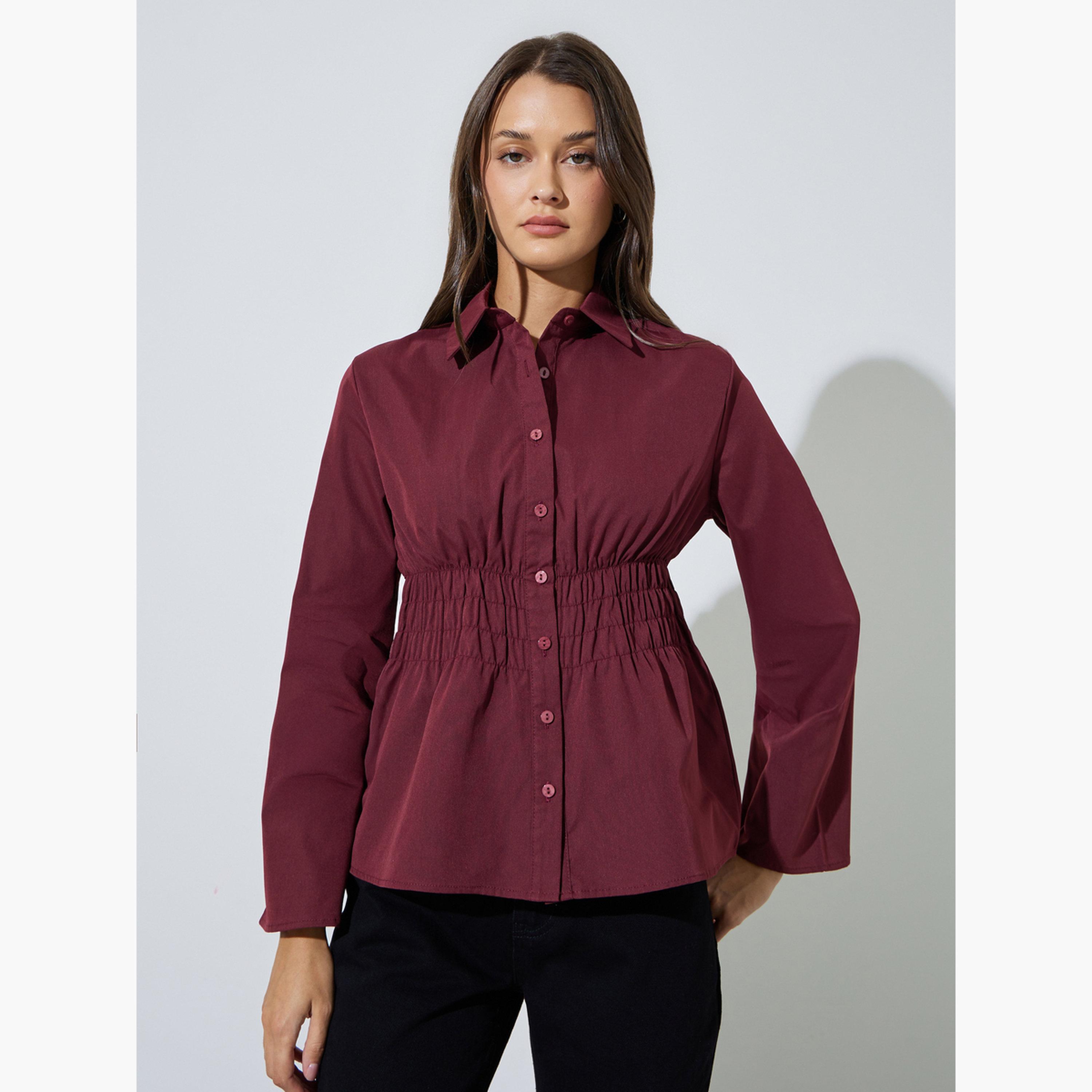 قميص بأكمام طويلة وخصر بكشكشة لون أصفر وبرغندي-women-clothing-shirtsandblouses-shirts-image-1