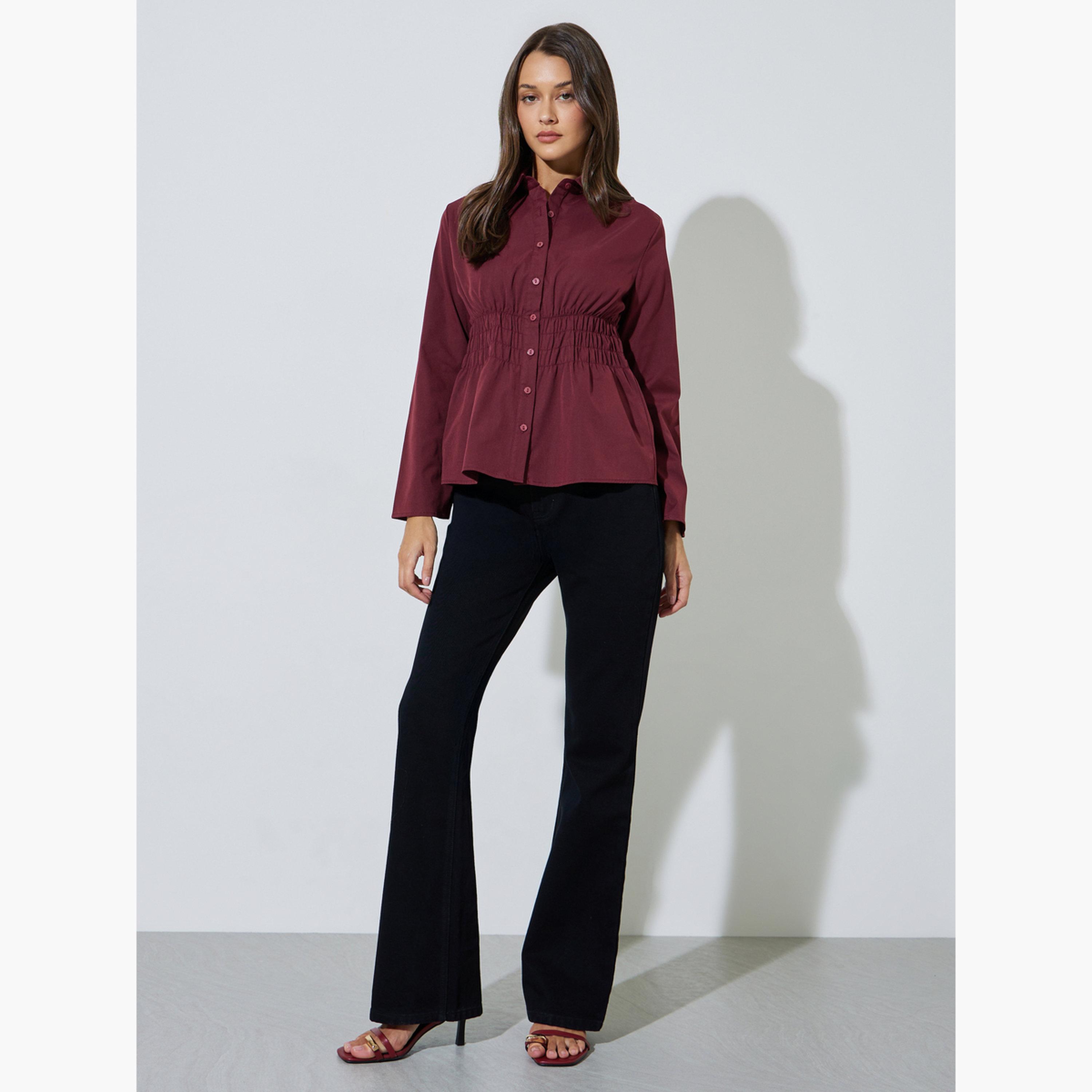 قميص بأكمام طويلة وخصر بكشكشة لون أصفر وبرغندي-women-clothing-shirtsandblouses-shirts-image-2