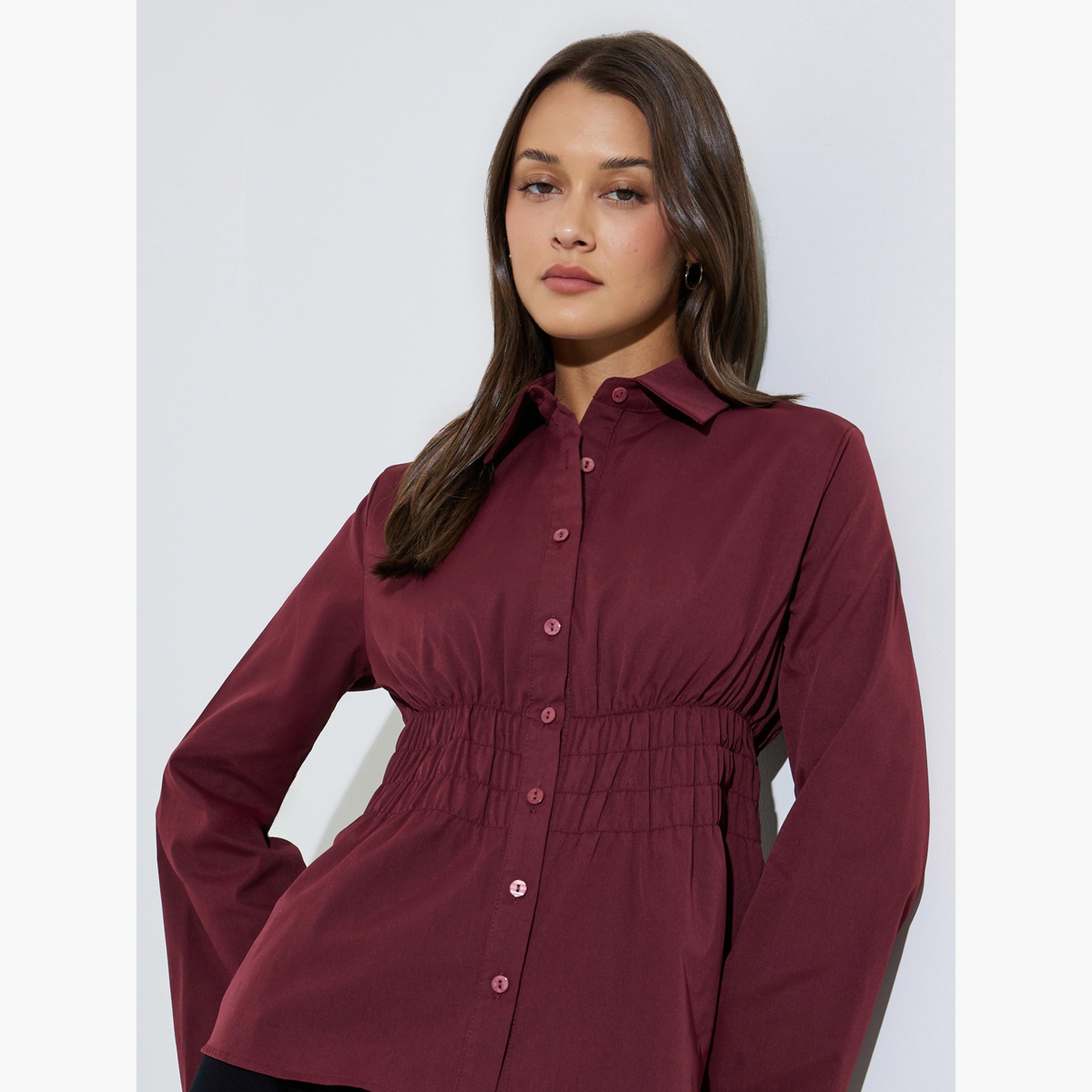 قميص بأكمام طويلة وخصر بكشكشة لون أصفر وبرغندي-women-clothing-shirtsandblouses-shirts-image-3