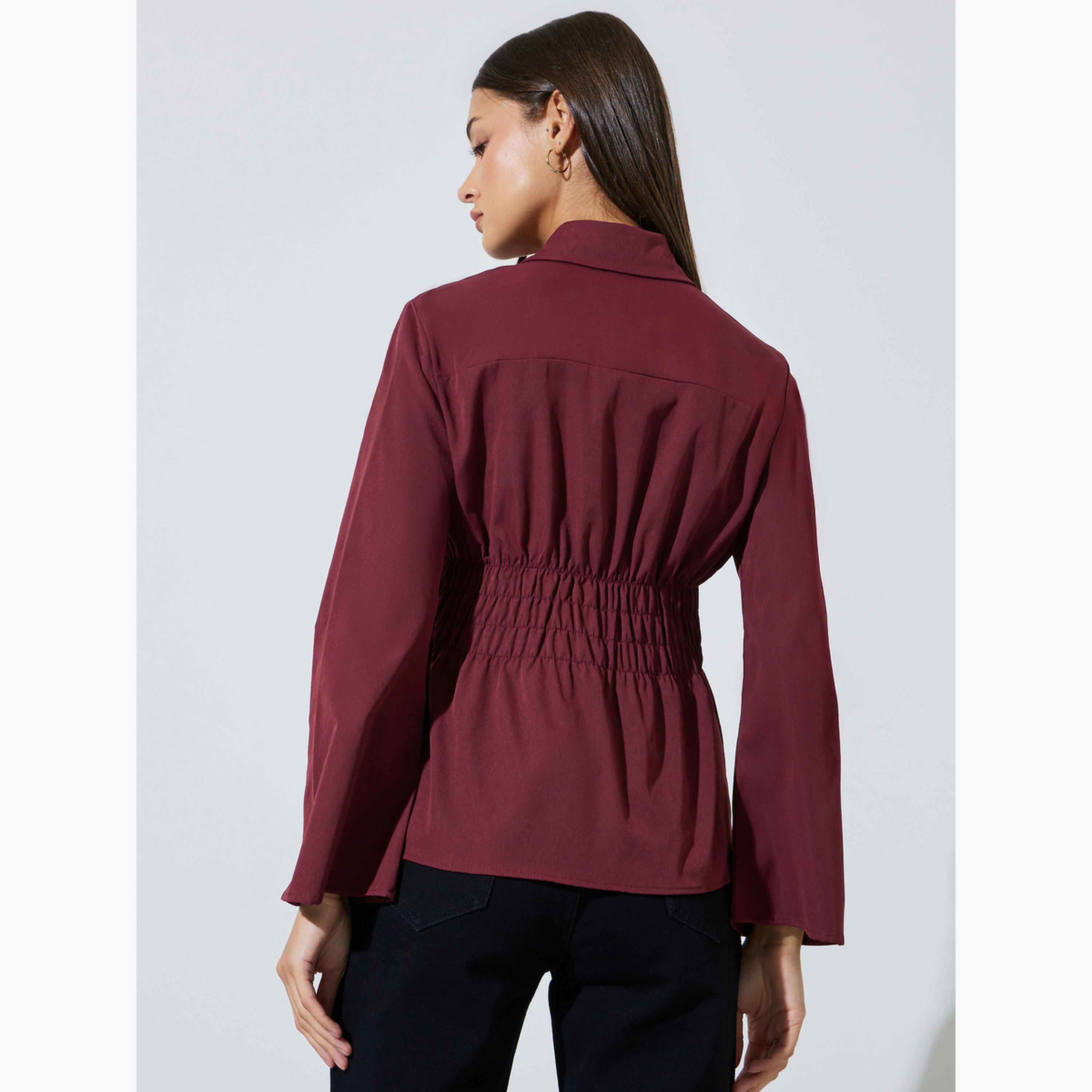 قميص بأكمام طويلة وخصر بكشكشة لون أصفر وبرغندي-women-clothing-shirtsandblouses-shirts-image-4