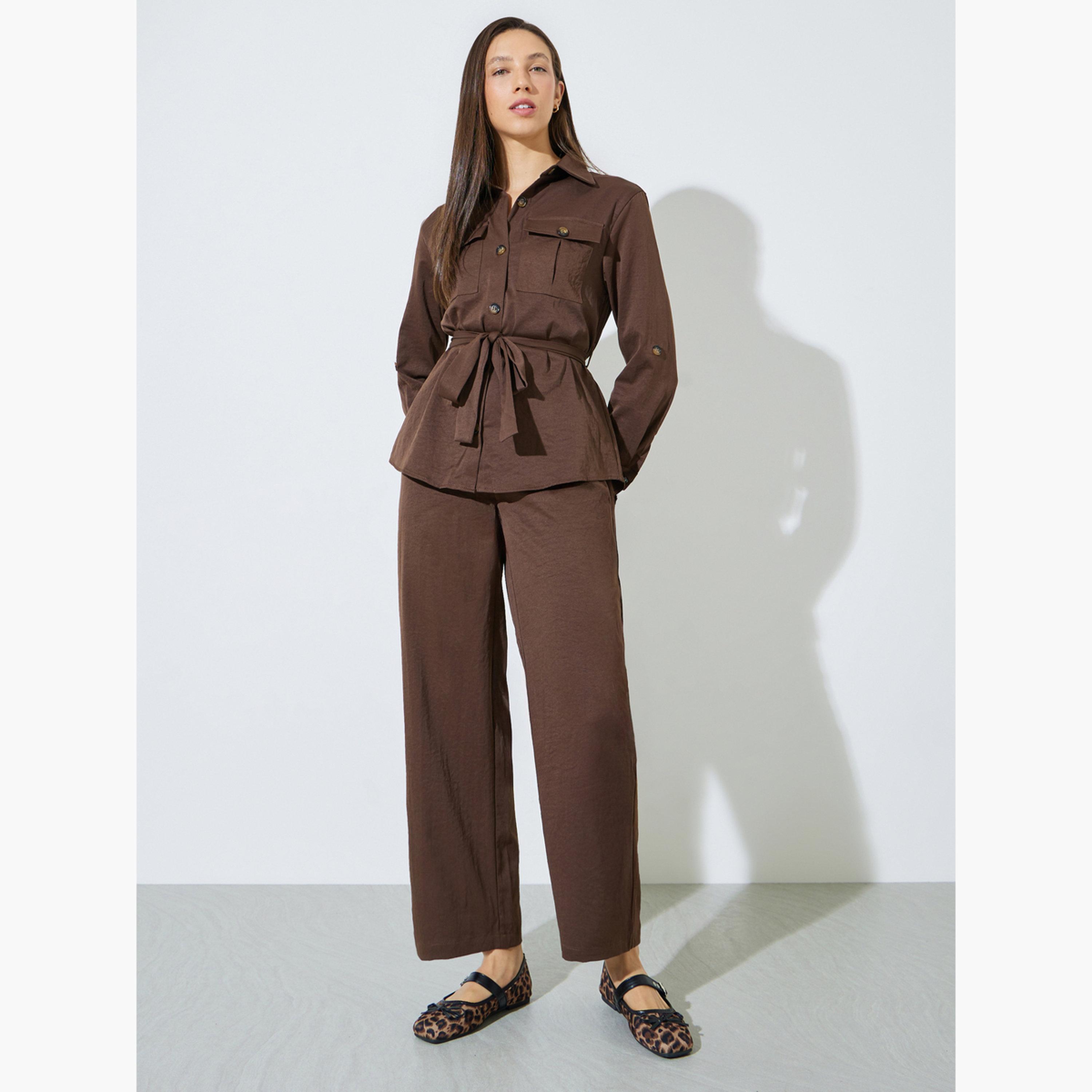 طقم منسق من بنطال وبلوزة بأكمام مطوية وجيوب-women-clothing-coordsets-image-1